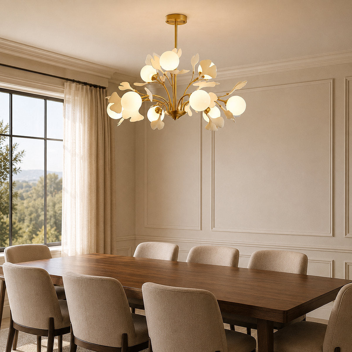 Brass Branch Chandelier with Ceramic Leaves