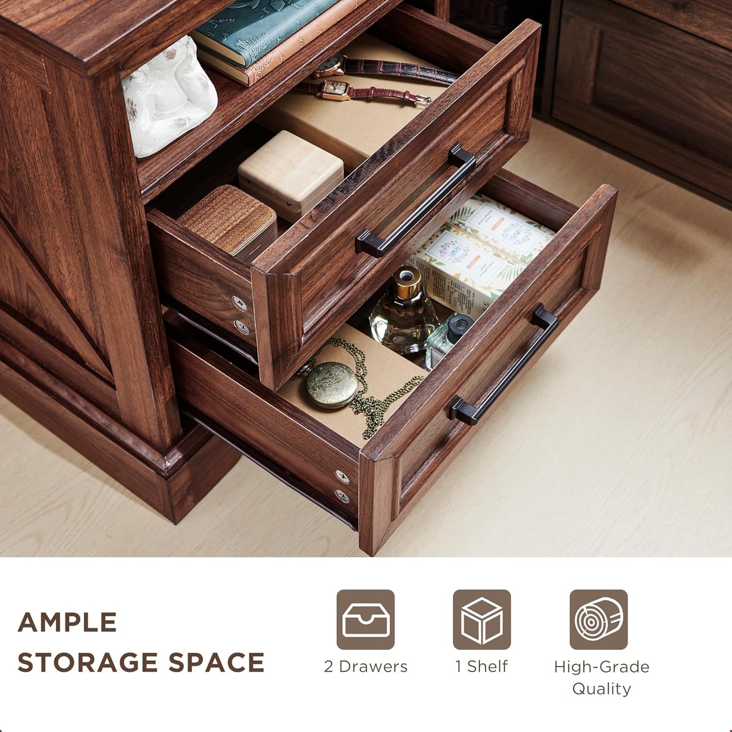 Farmhouse Nightstand with Charging Station - End Table with Drawers