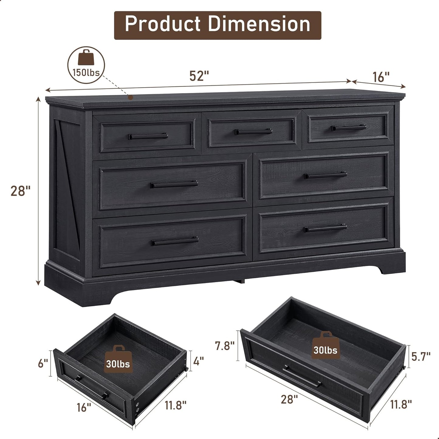 52" Wide Farmhouse 7-Drawer Dresser | Black Chest of Drawers