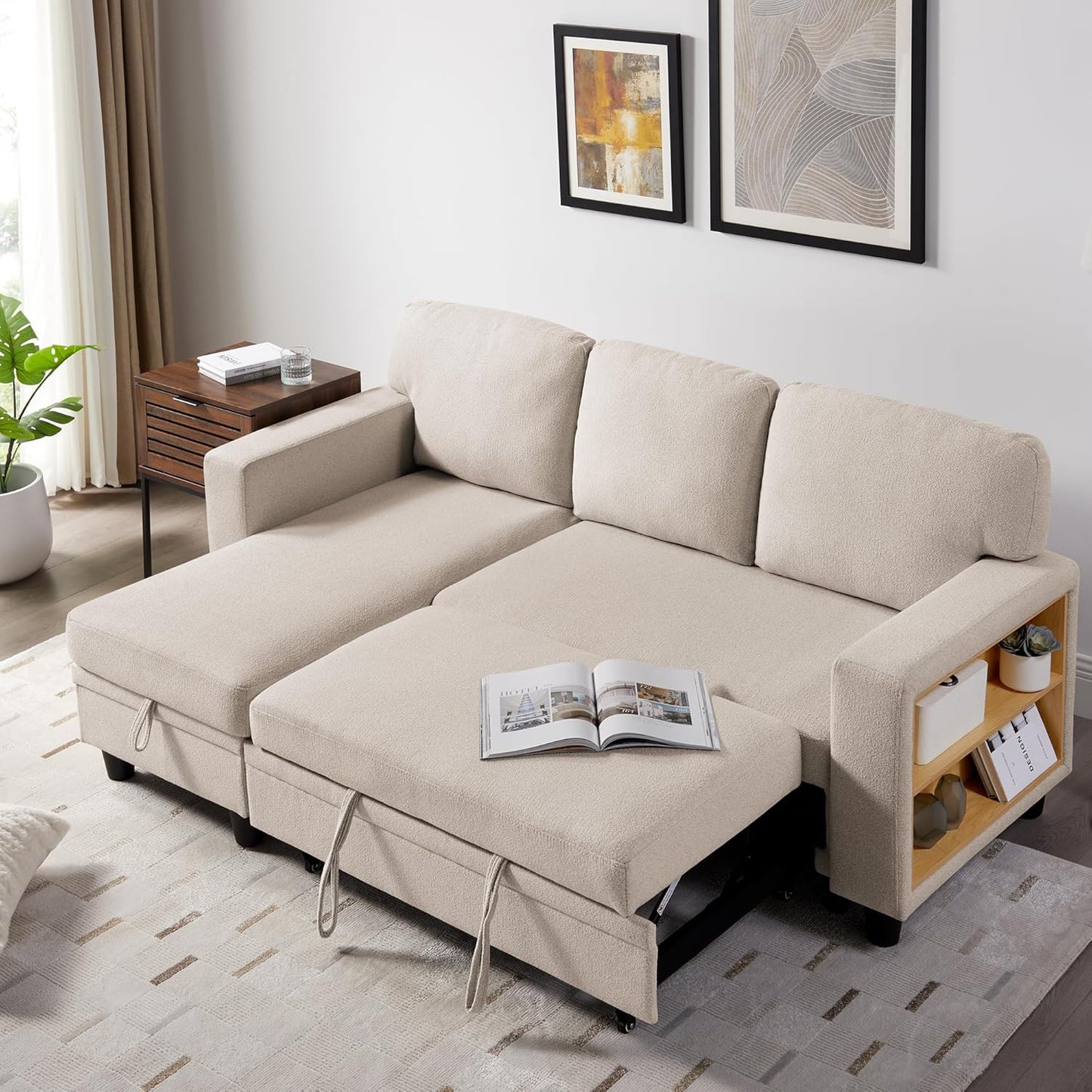 RedLemon Beige 80-Inch Sleeper Sofa Bed with Storage Chaise