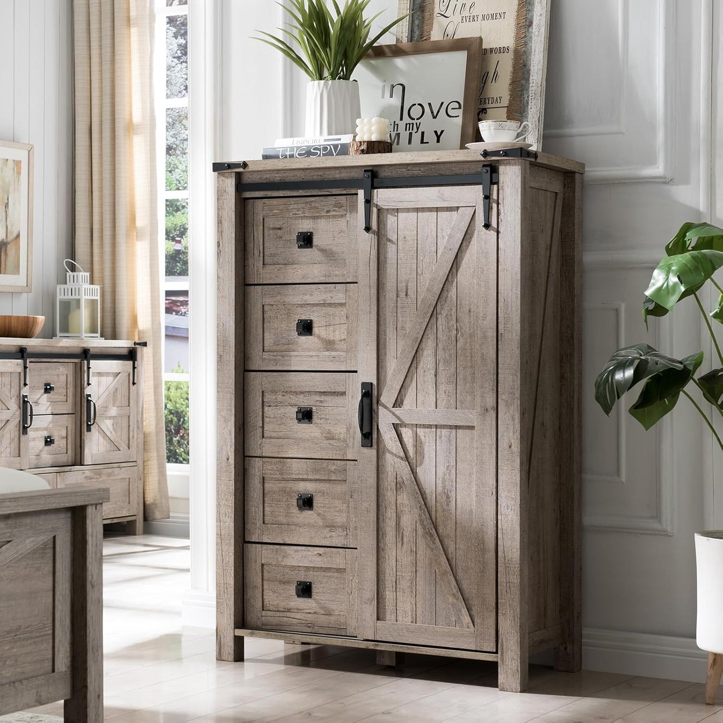T4TREAM 5 Drawer Farmhouse Dresser with Sliding Barn Door