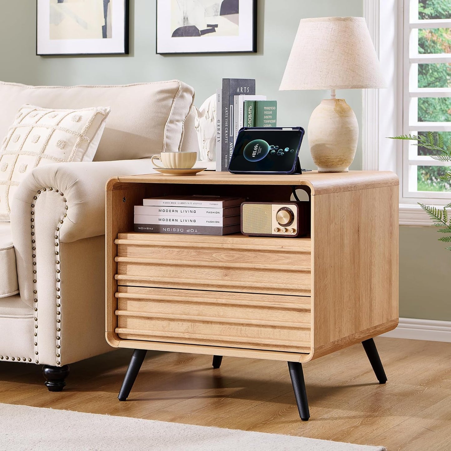 RedLemon Mid Century Nightstand with Charger Station & Two Drawers