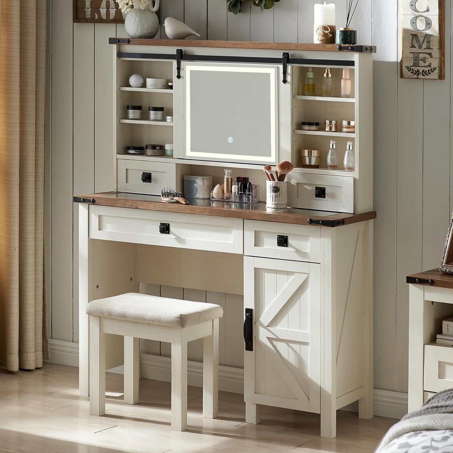 Farmhouse Makeup Vanity Desk with Sliding Mirror and Lights