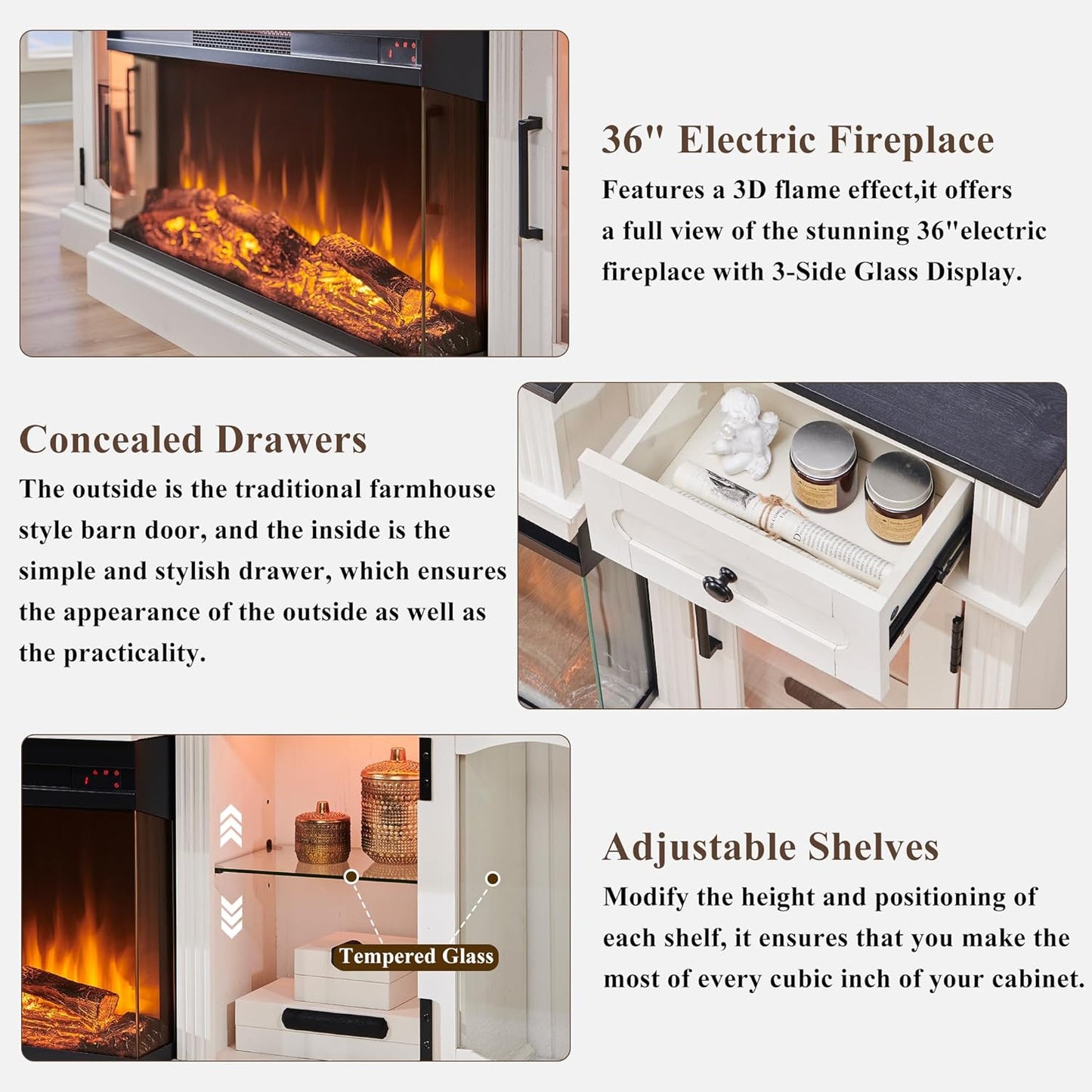 Farmhouse TV Stand with 36" Fireplace & LED - Antique White