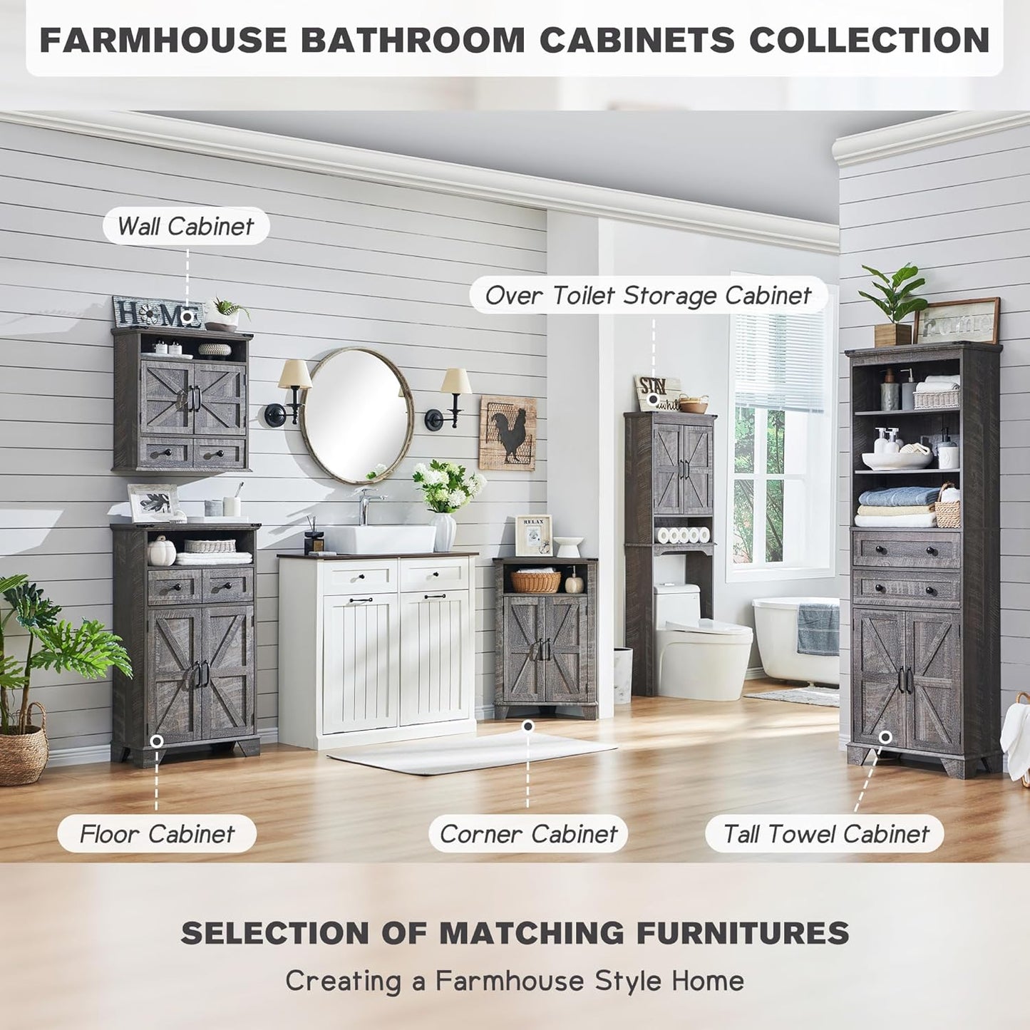 Farmhouse Bathroom Floor Cabinet with Drawer and Barn Doors - Grey