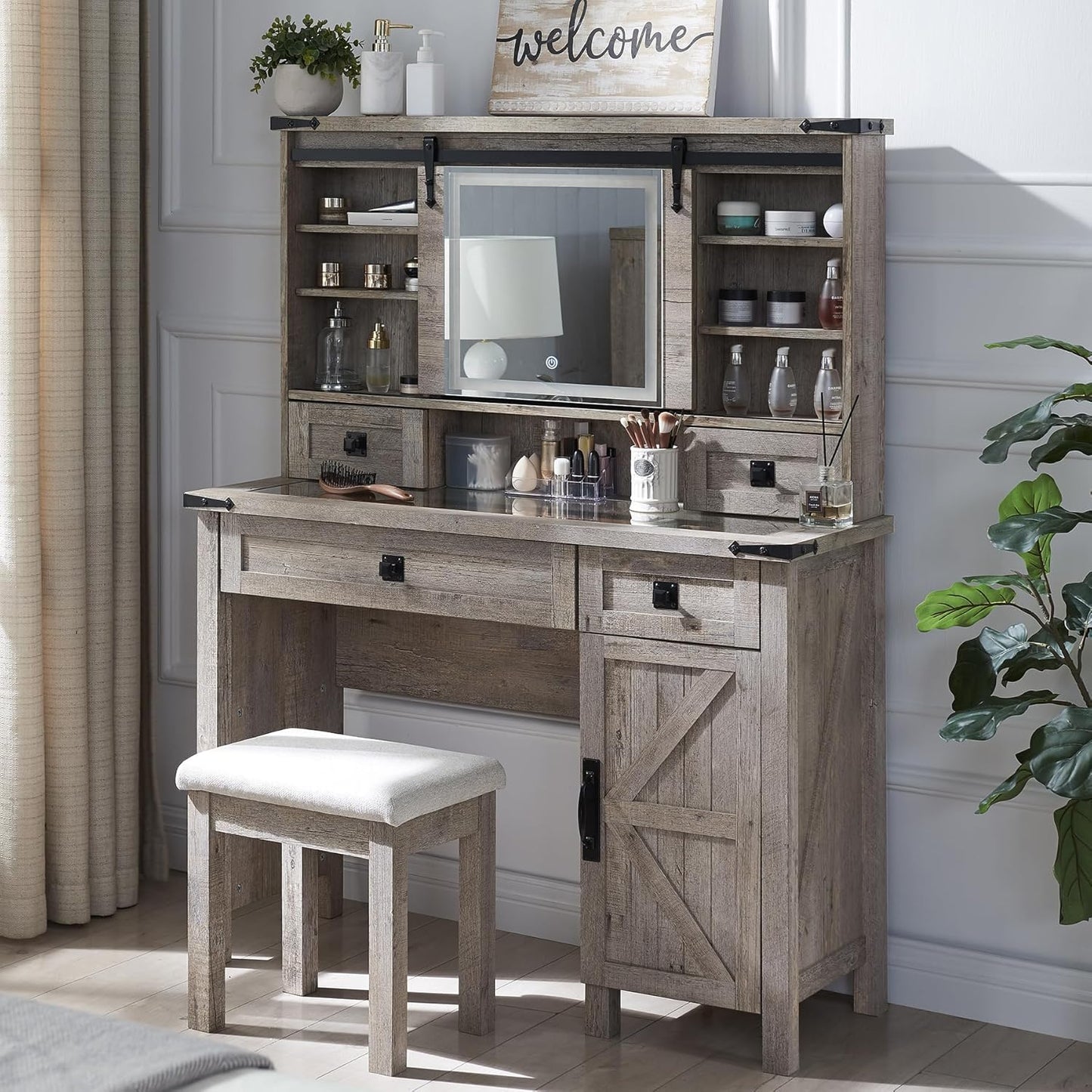 Farmhouse Makeup Vanity Desk with Sliding Mirror and Lights