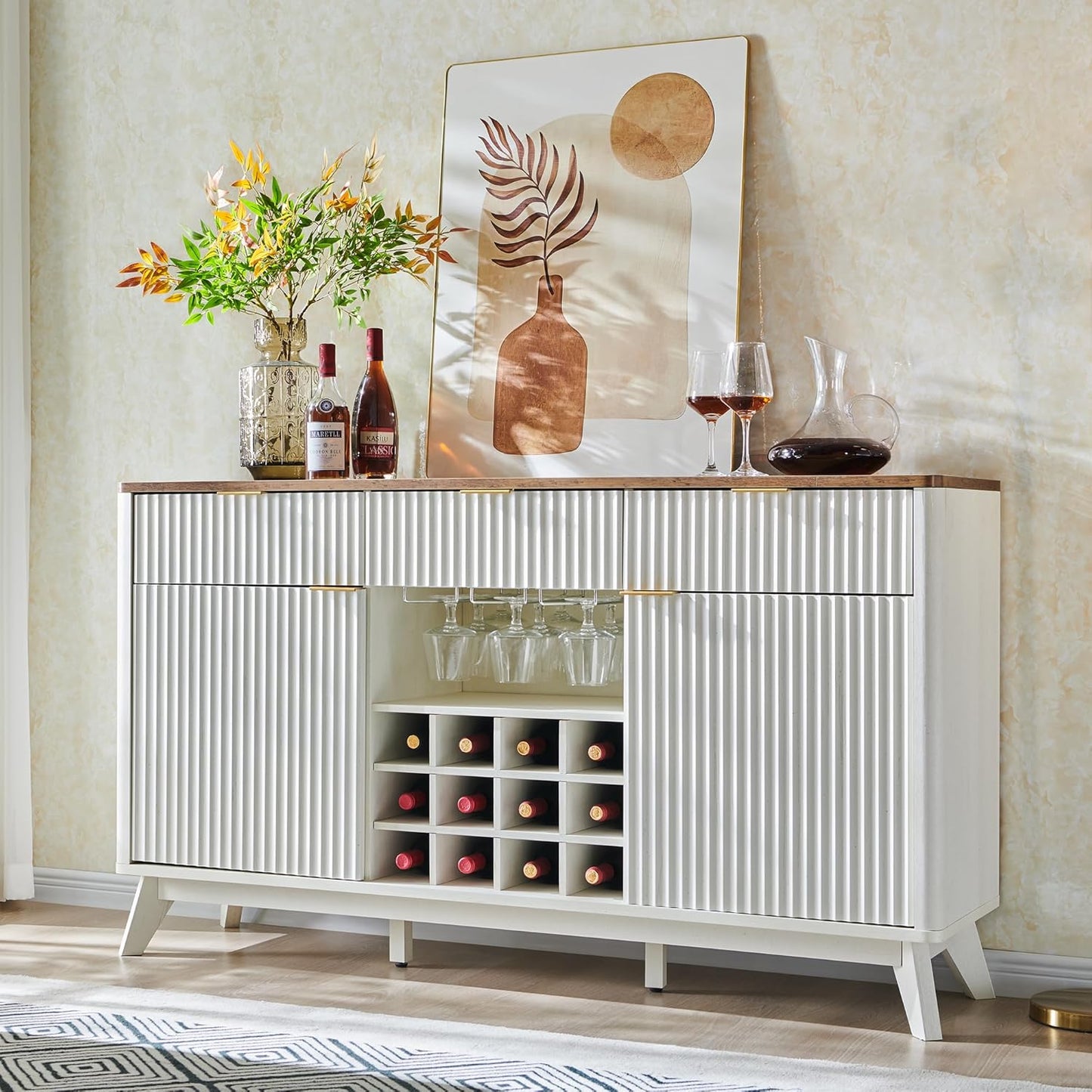 OKD Fluted Wine Bar Cabinet: 60" Modern Coffee Bar, Solid White