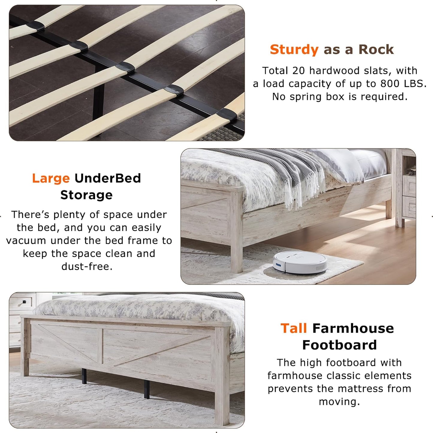 Farmhouse Queen Bed Frame with Storage Headboard, Sliding Barn Door