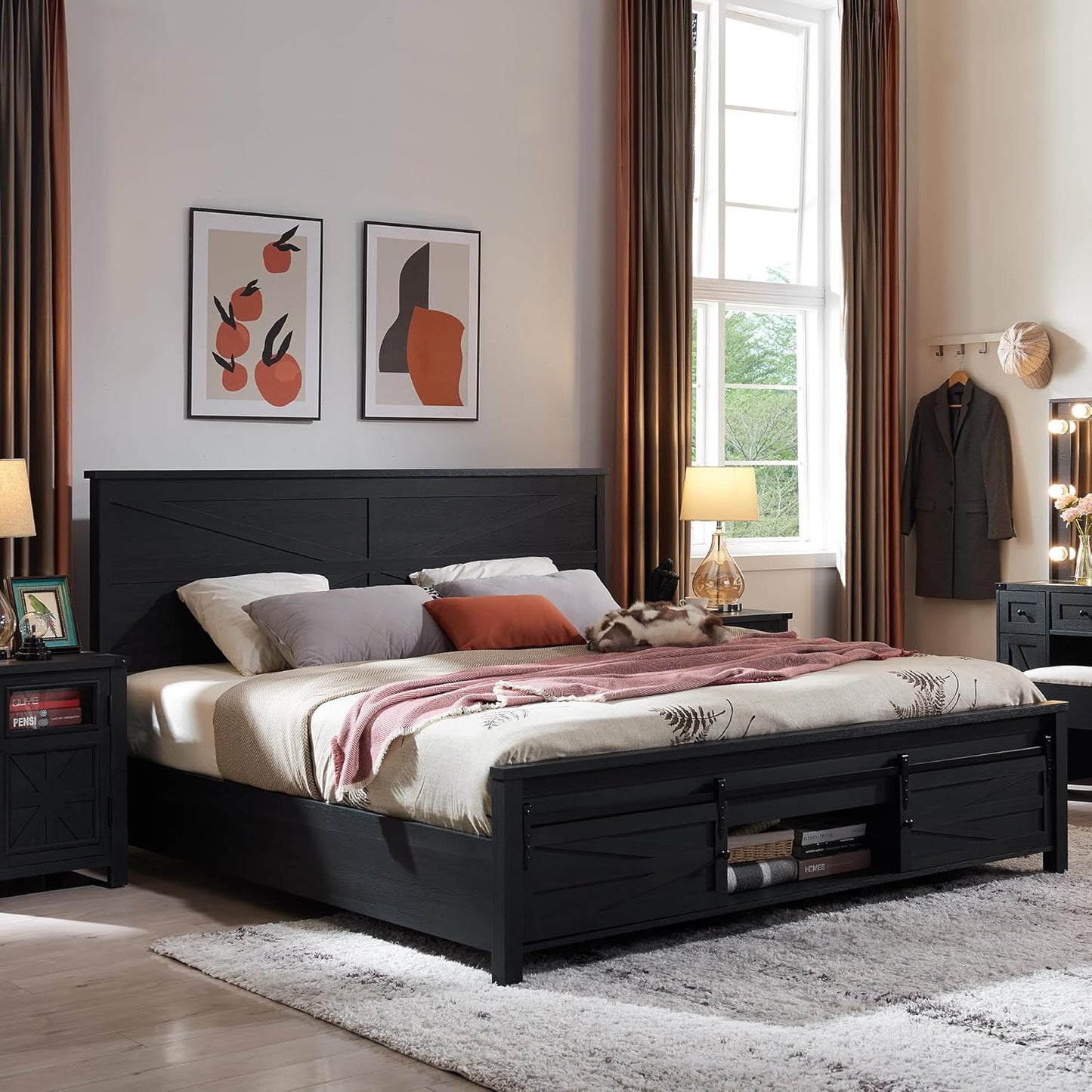 JXQTLINGMU Queen Farmhouse Bed Frame with Barn Door Headboard, Black