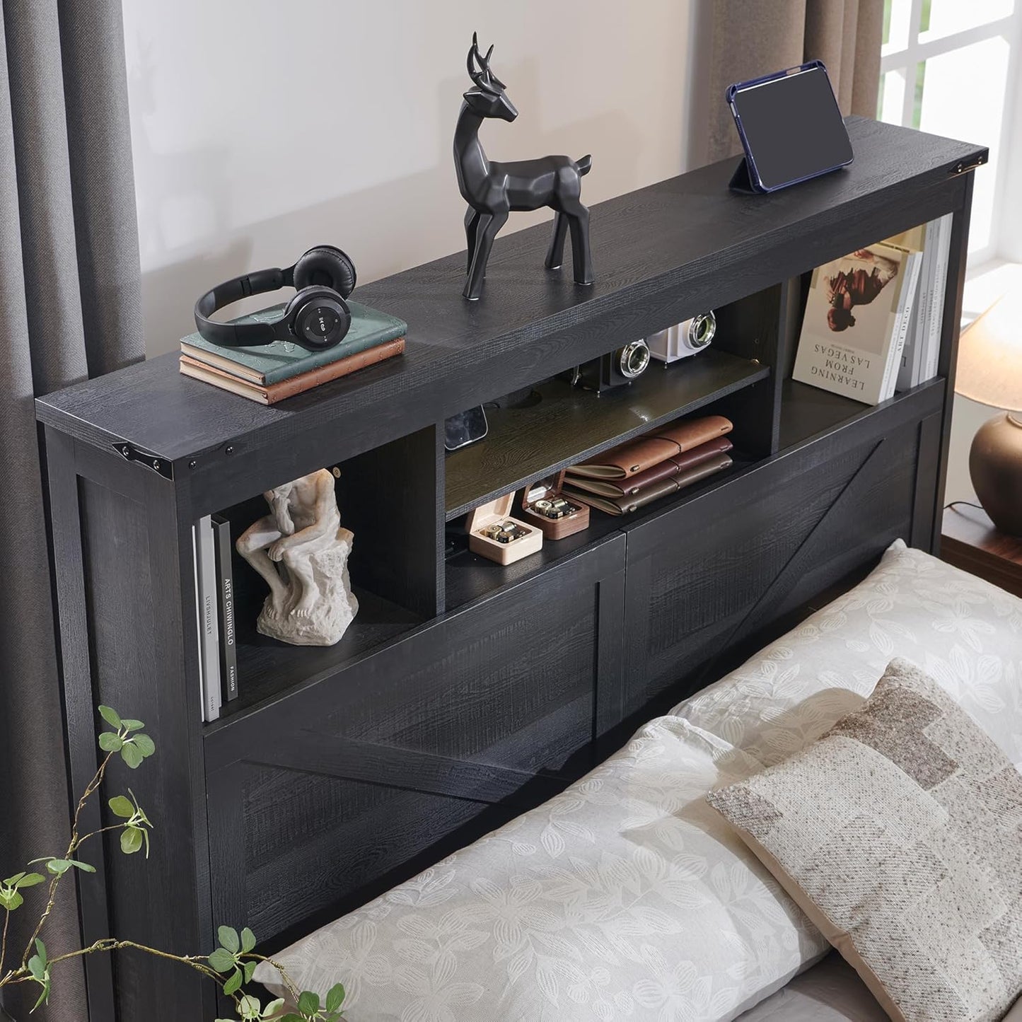 Farmhouse Queen Bed Frame with Headboard, USB Ports and Drawers
