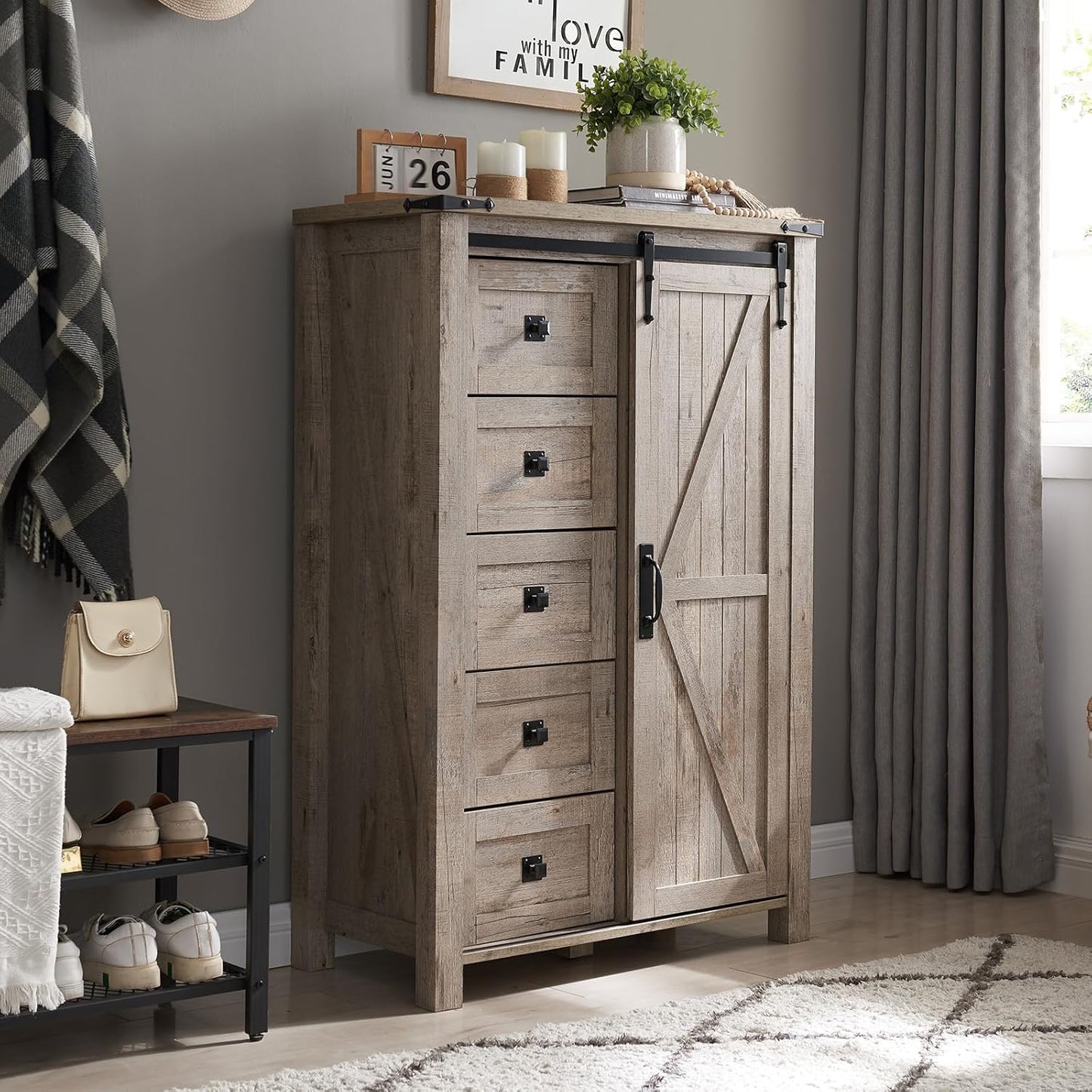 T4TREAM 5 Drawer Farmhouse Dresser with Sliding Barn Door