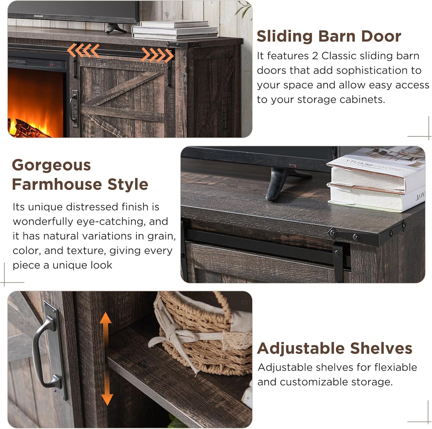 OKD 66 Inch Farmhouse Fireplace TV Stand for 75 Inch TV