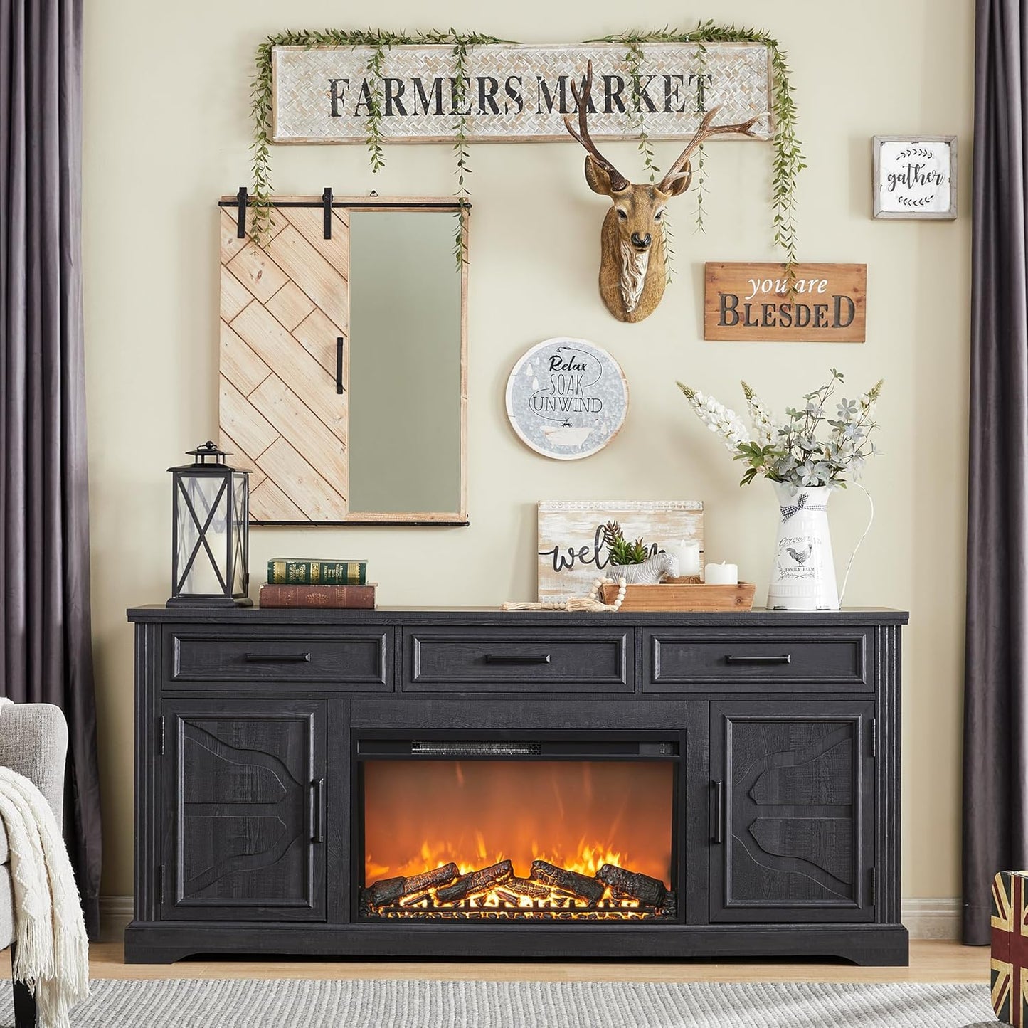 Farmhouse Fireplace TV Stand Entertainment Center with Electric Fireplace