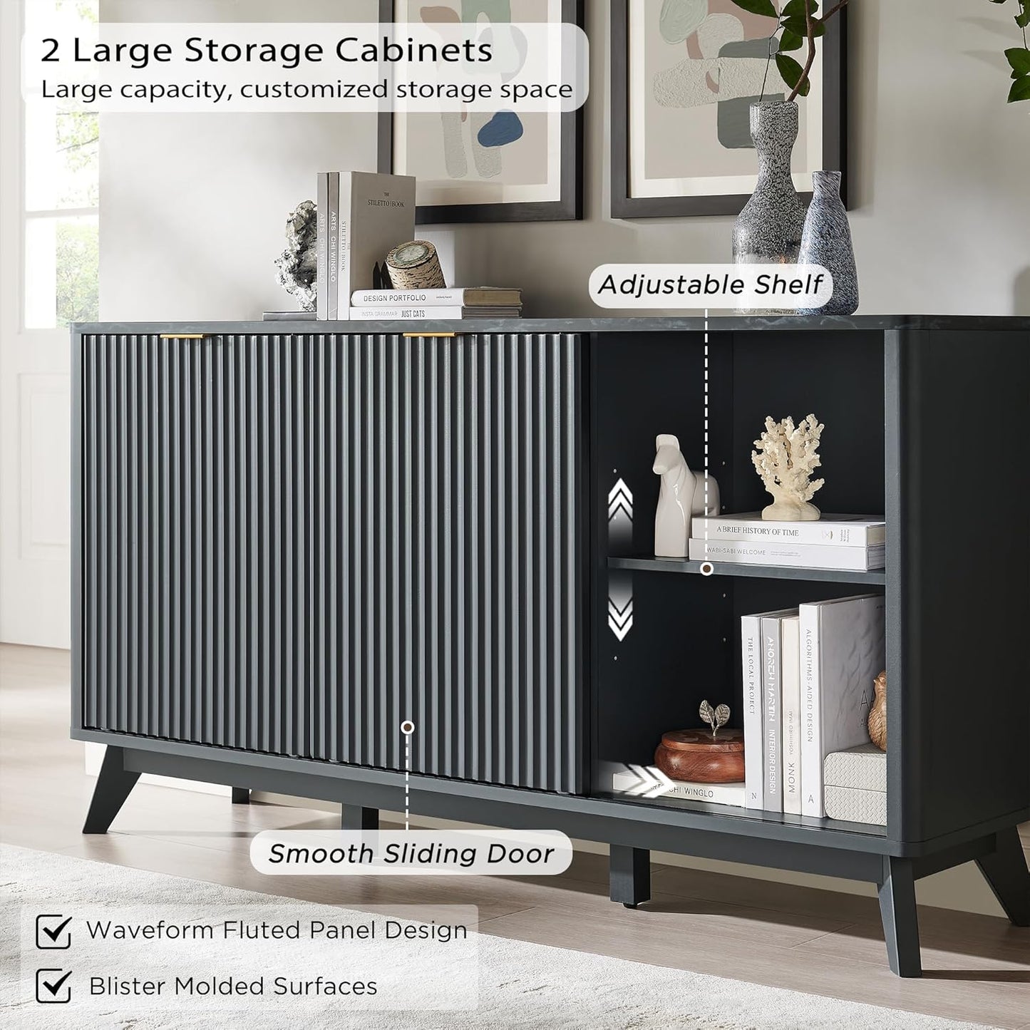 Modern Fluted Dresser 60 Inch with Sliding Doors and Drawers