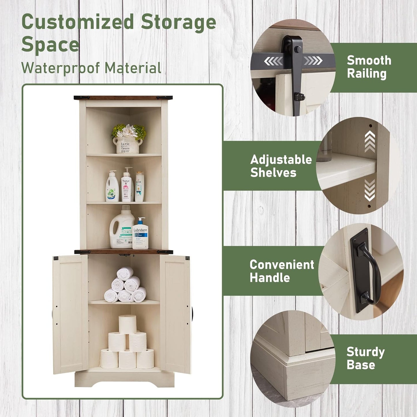 OKD Tall Corner Cabinet Farmhouse Storage Cabinet with Barn Door