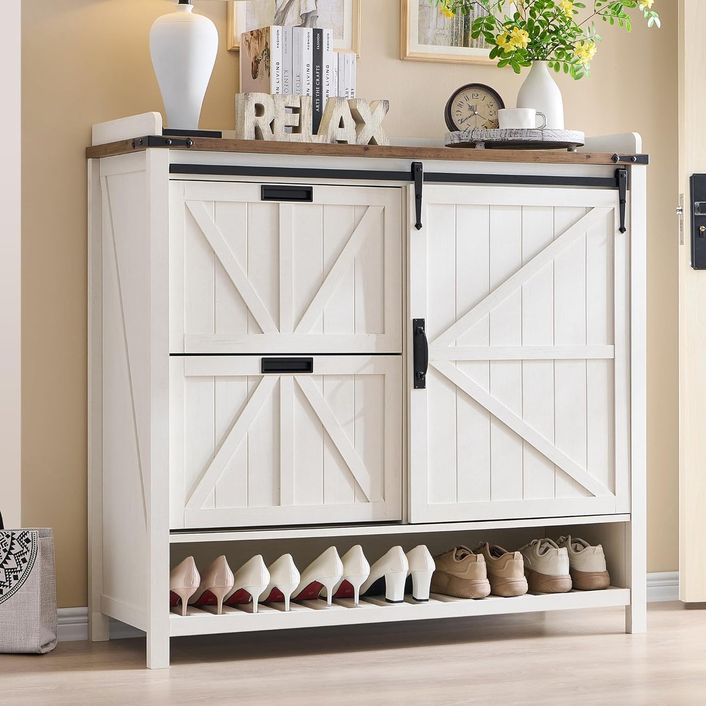 OKD Farmhouse Shoe Storage Cabinet - 2 Flip Drawers and Sliding Door