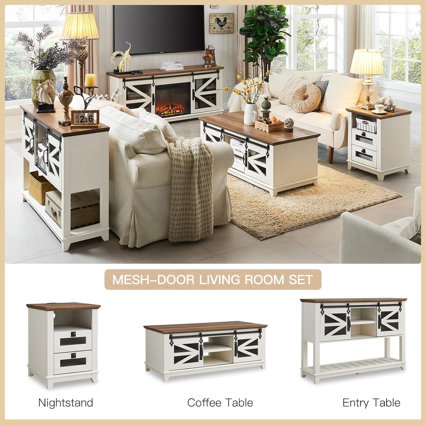 OKD 48'' Farmhouse Coffee Table with Storage and Sliding Barn Doors