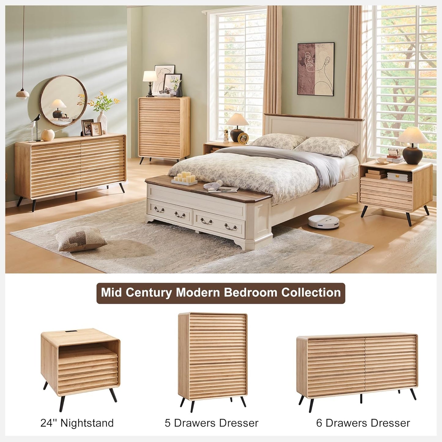 RedLemon Mid Century Nightstand with Charger Station & Two Drawers