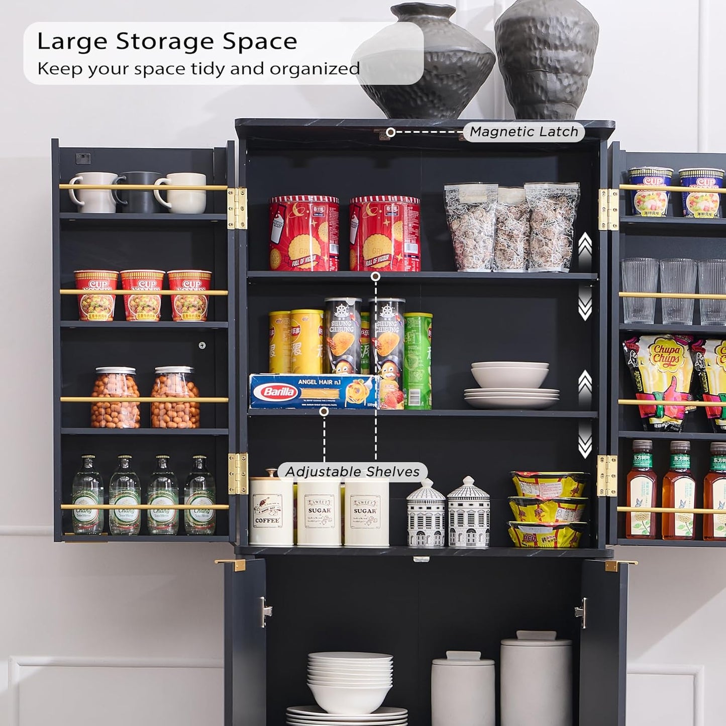 72" Mid-Century Modern Fluted Kitchen Pantry Cabinet, Dark Grey