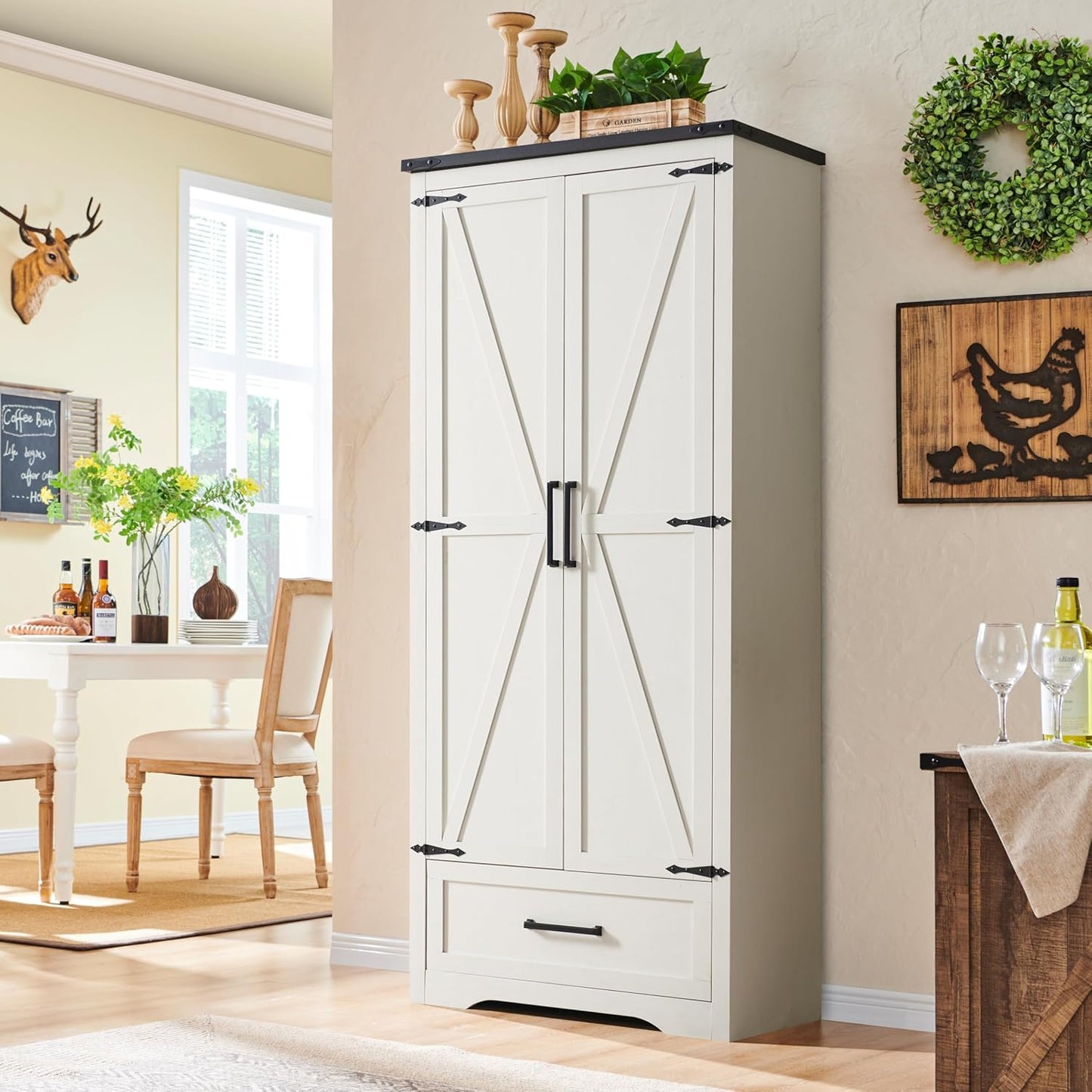 72" Farmhouse Kitchen Pantry Cabinet with Adjustable Shelves and Barn Doors