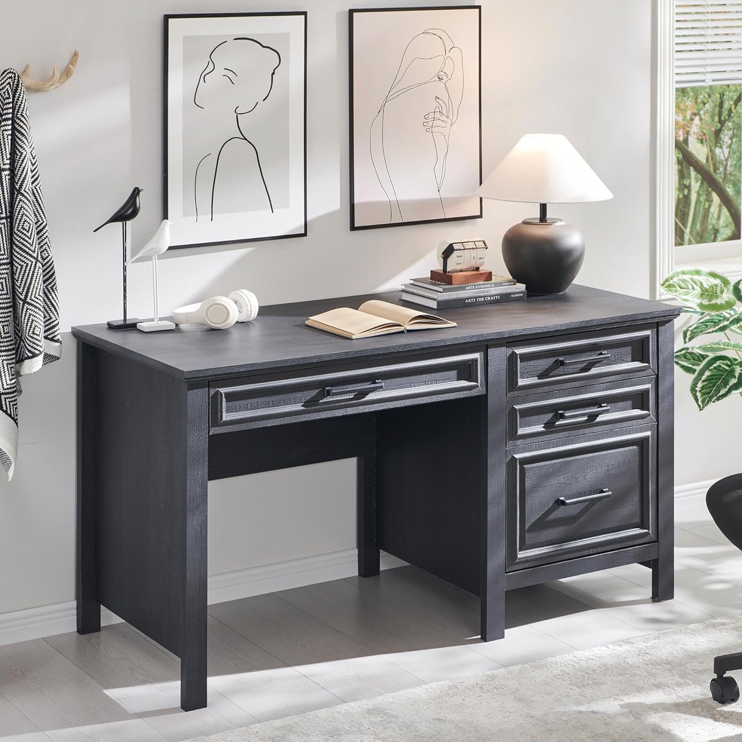 Modern Farmhouse Computer Desk with File Cabinet, Study Writing Table