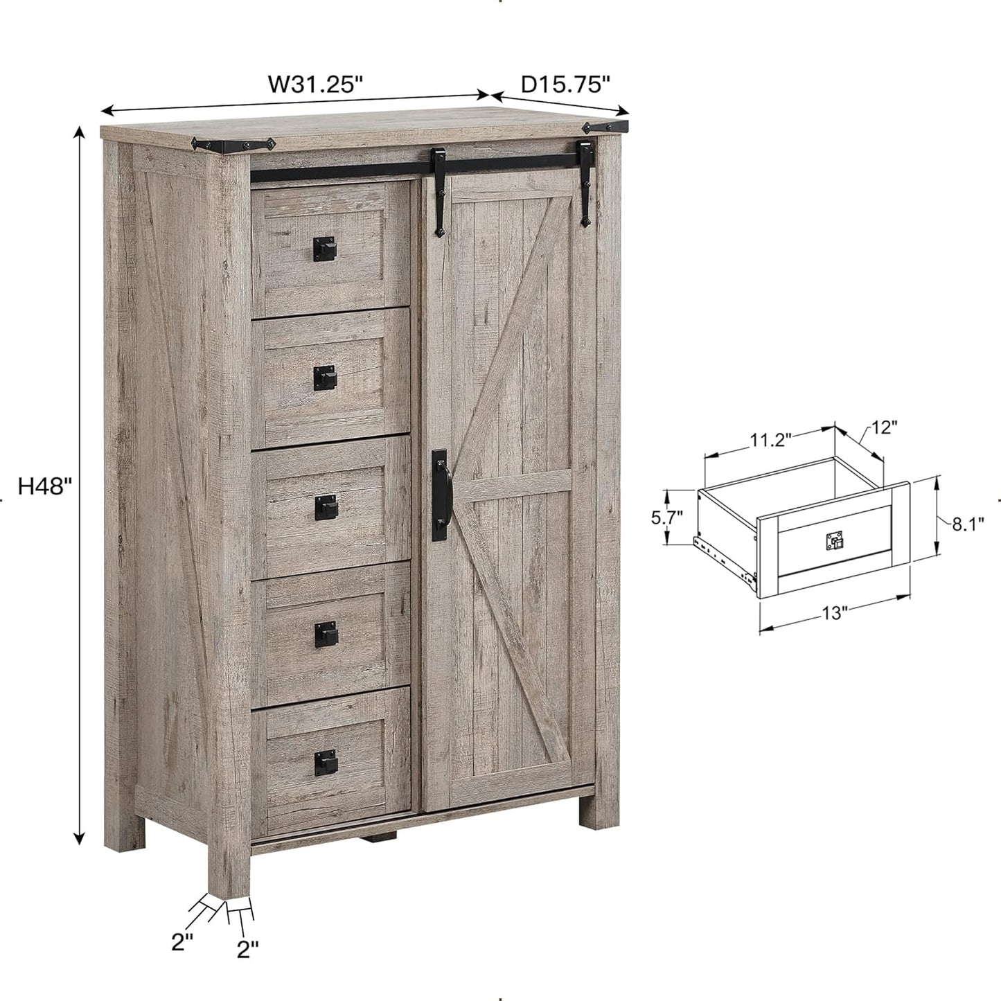 T4TREAM 5 Drawer Farmhouse Dresser with Sliding Barn Door