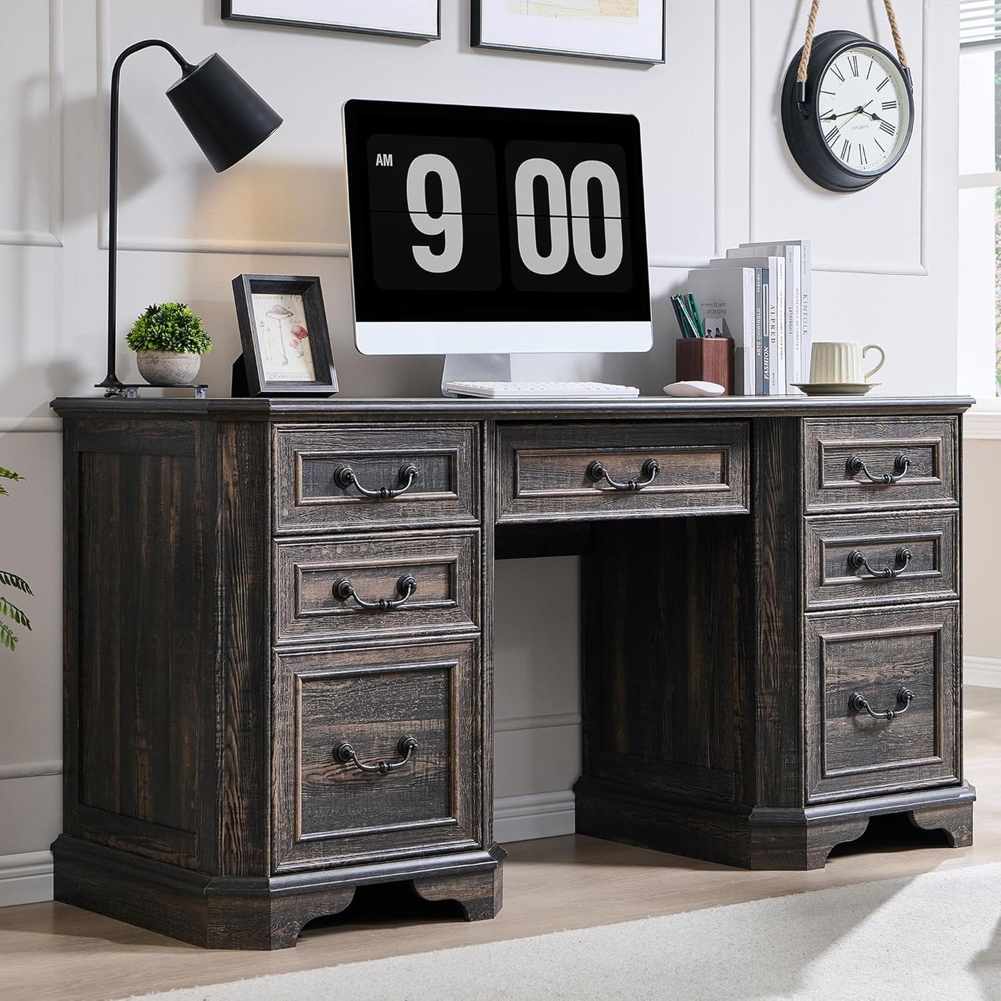 T4TREAM 59" Farmhouse Executive Desk with Drawers & Charging Station