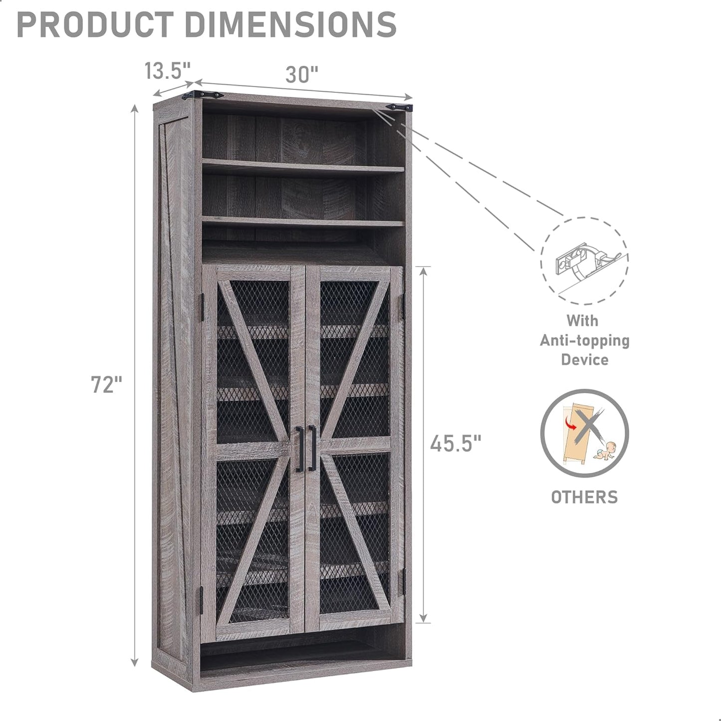 72" Tall Farmhouse Shoe Cabinet �C Mesh Door, Adjustable Shelves, Grey