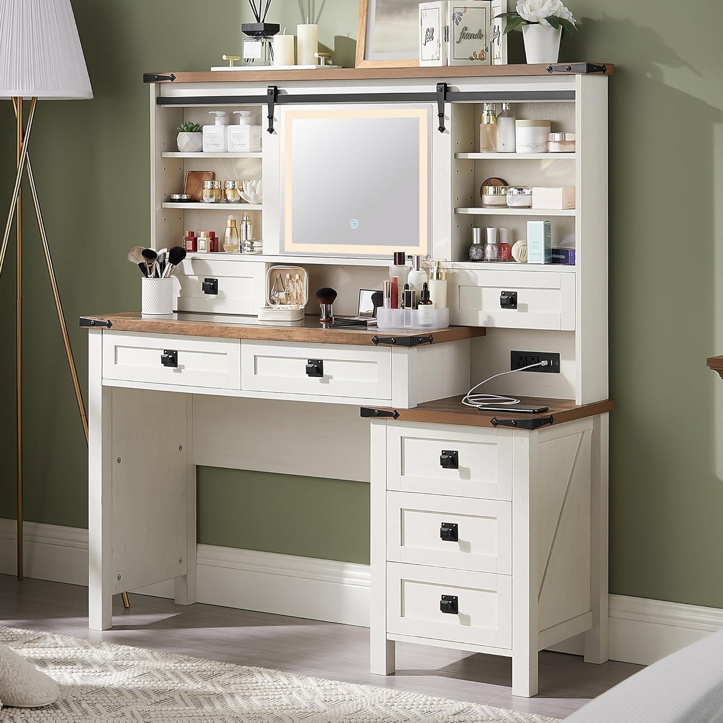48'' Farmhouse Makeup Vanity Desk with Sliding HD Mirror and Lights