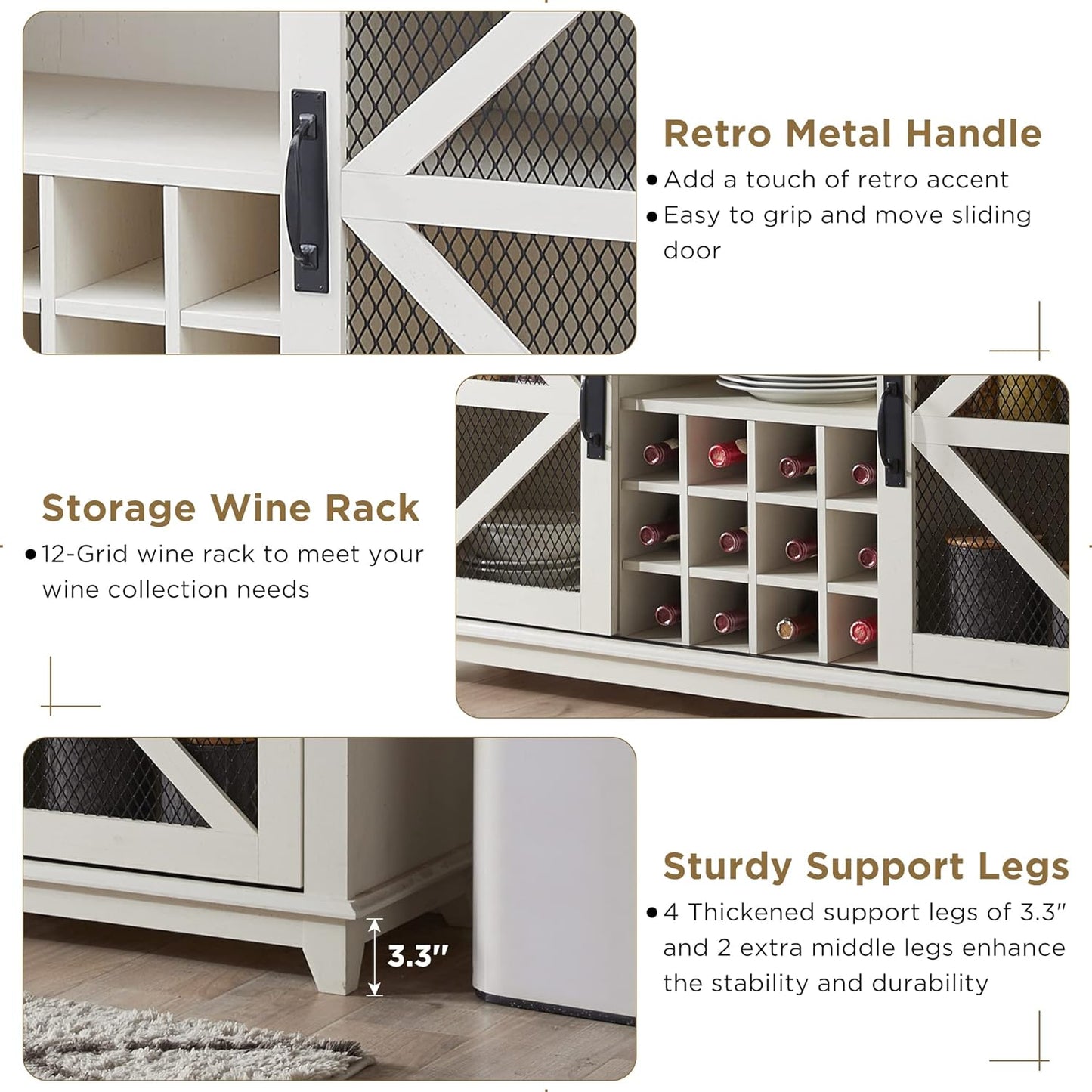 Farmhouse Coffee Bar Cabinet with LED Lights Antique White, 55-Inch