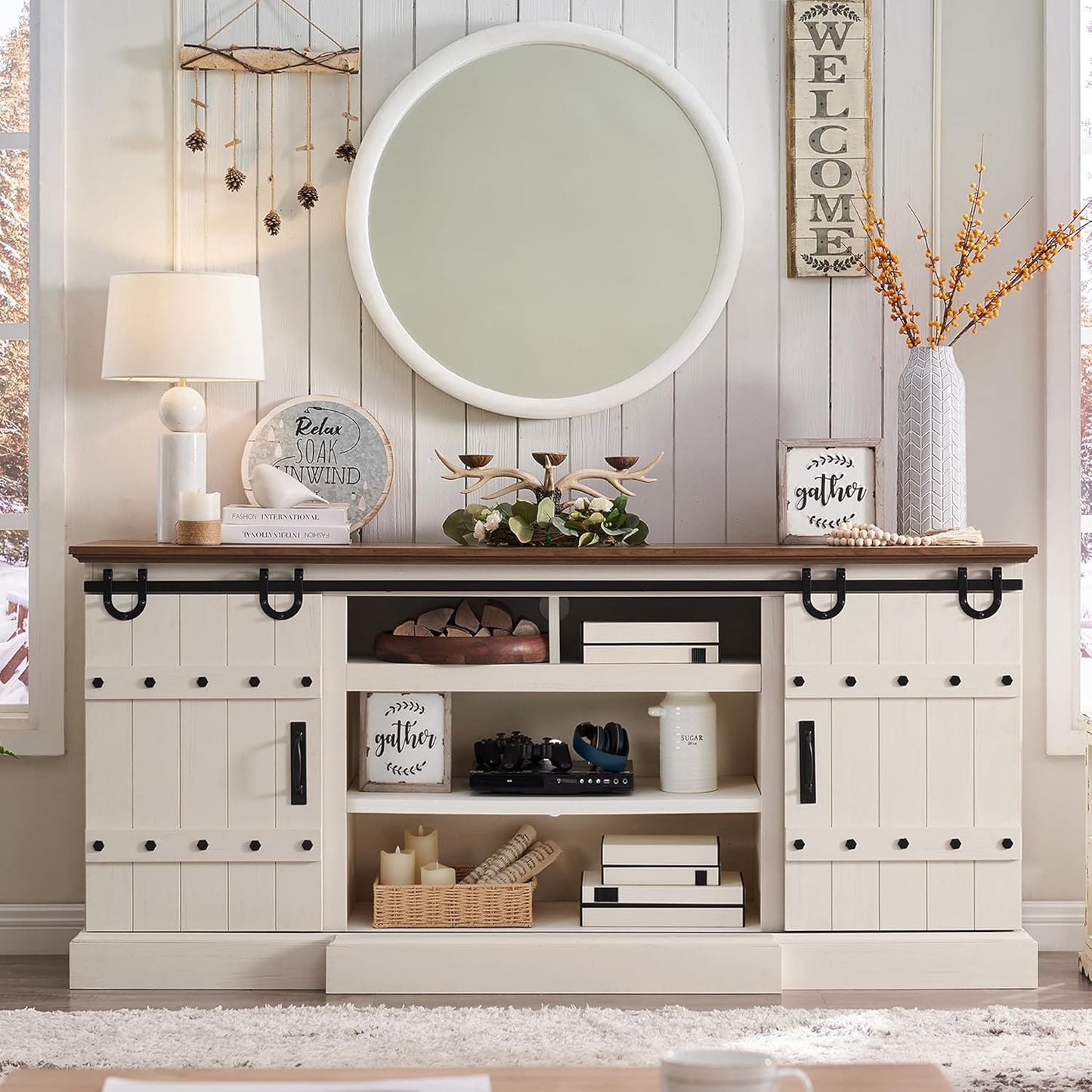 OKD 75" Rustic Farmhouse TV Stand with Sliding Barn Door