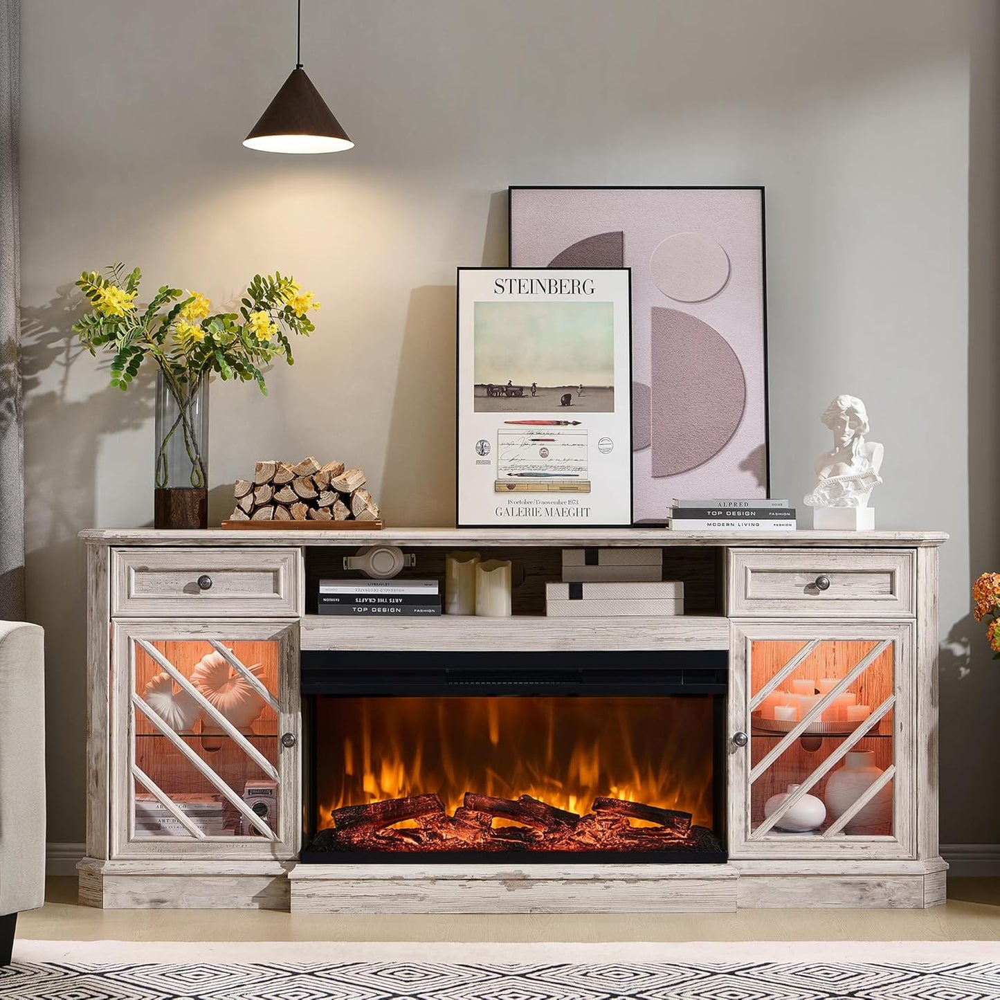 OKD 75 Inch Fireplace TV Stand Entertainment Center Console