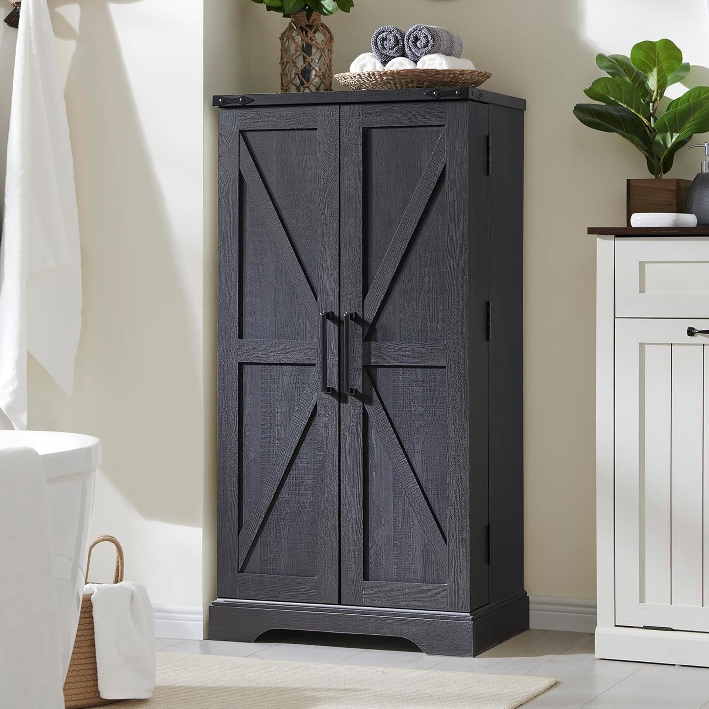JXQTLINGMU 47" Wooden Storage Cabinet Farmhouse Pantry Organizer Black