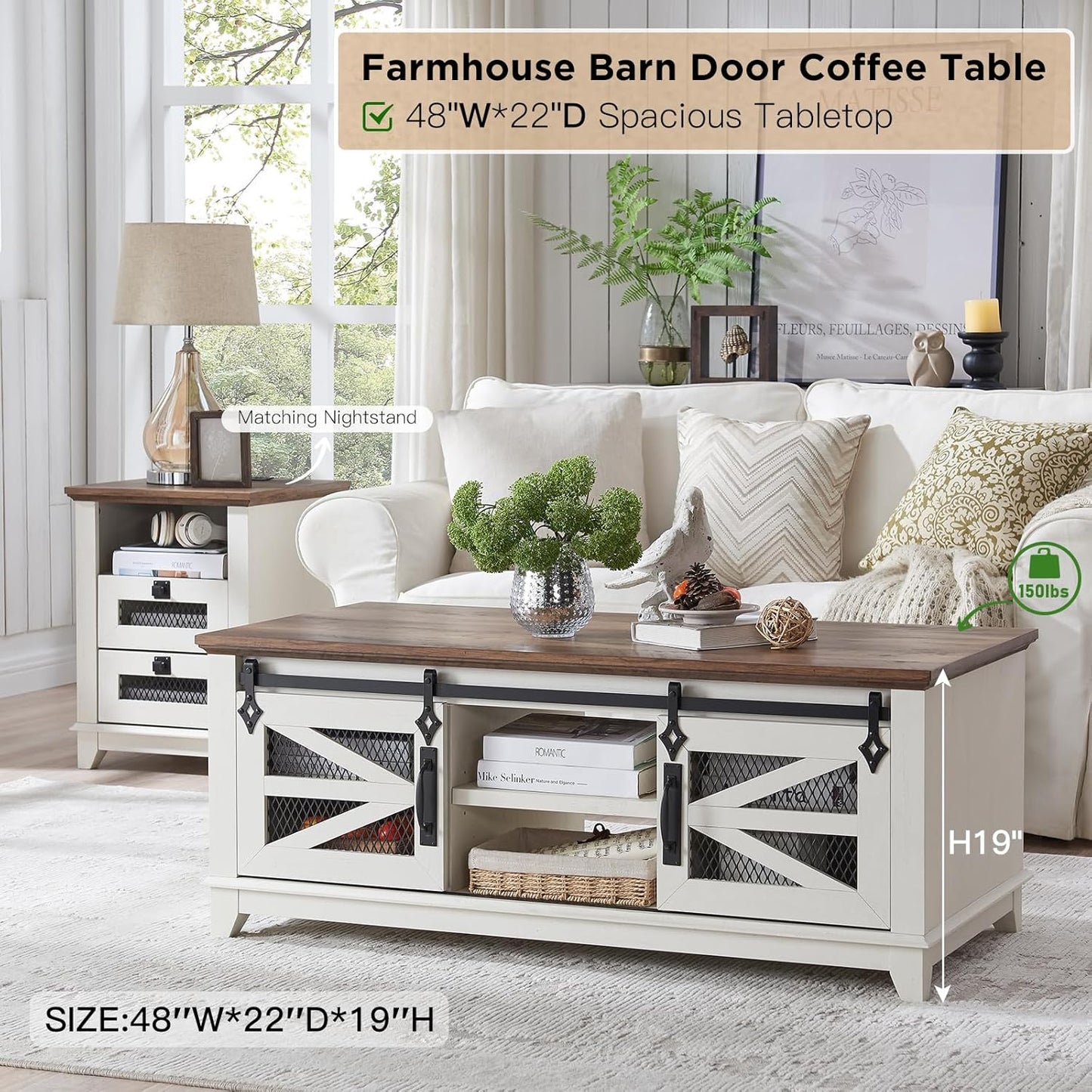OKD 48'' Farmhouse Coffee Table with Storage and Sliding Barn Doors