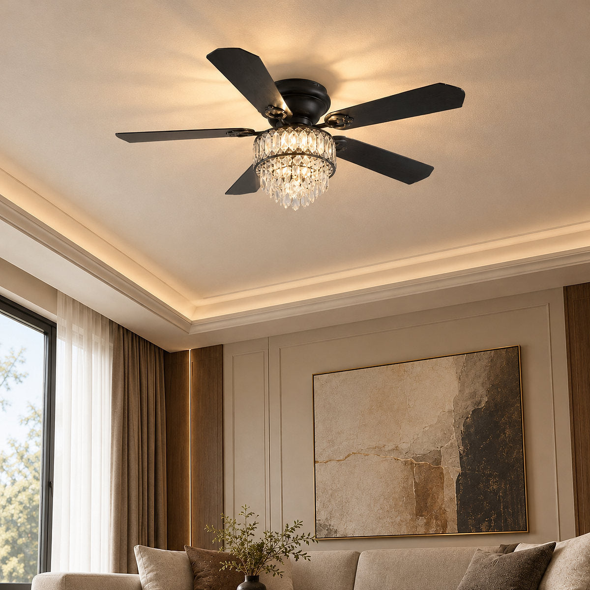 Tricolordeer Tiered Crystal Chandelier Black Ceiling Fan