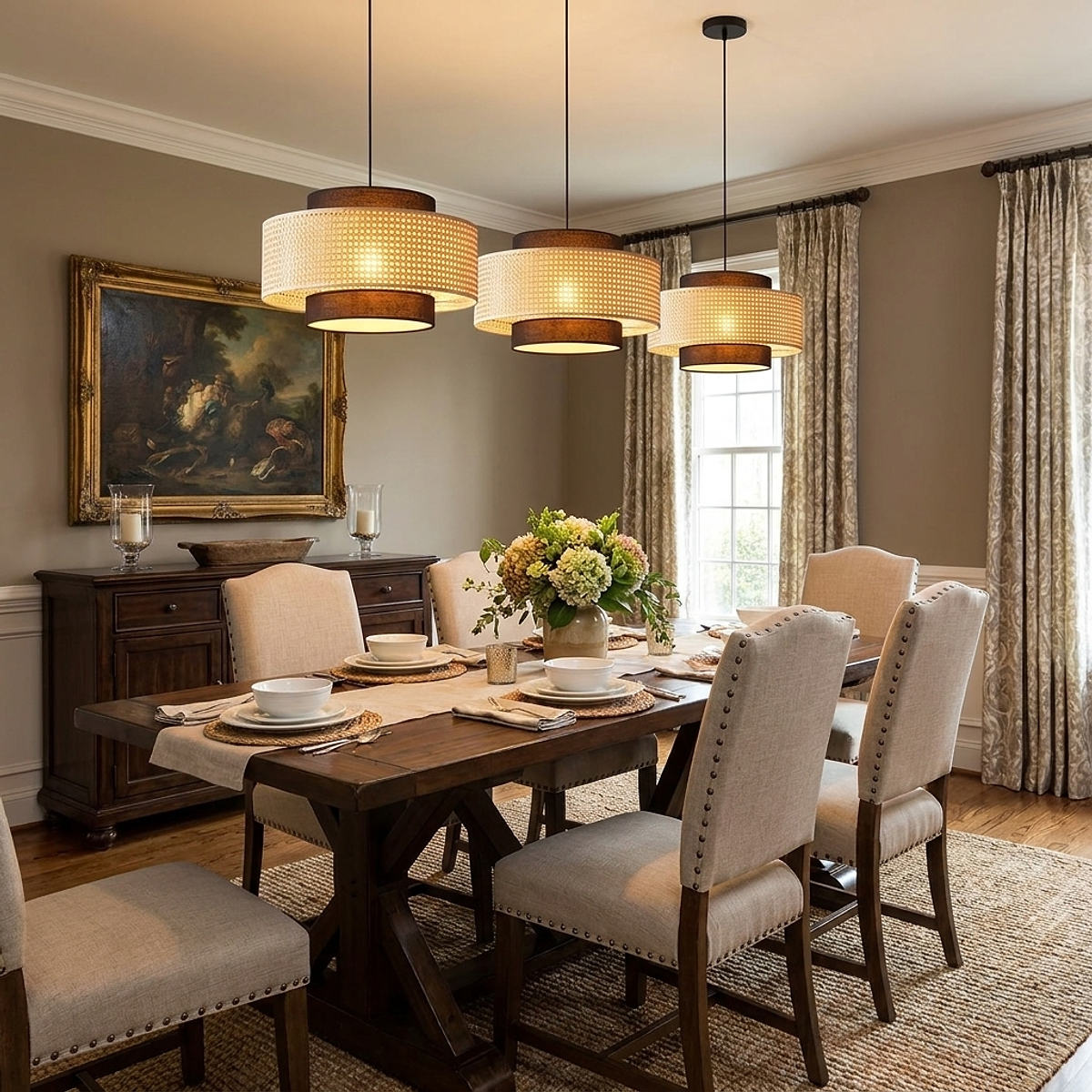 Woven Rattan Drum Shade Pendant Light for Dining Room & Living