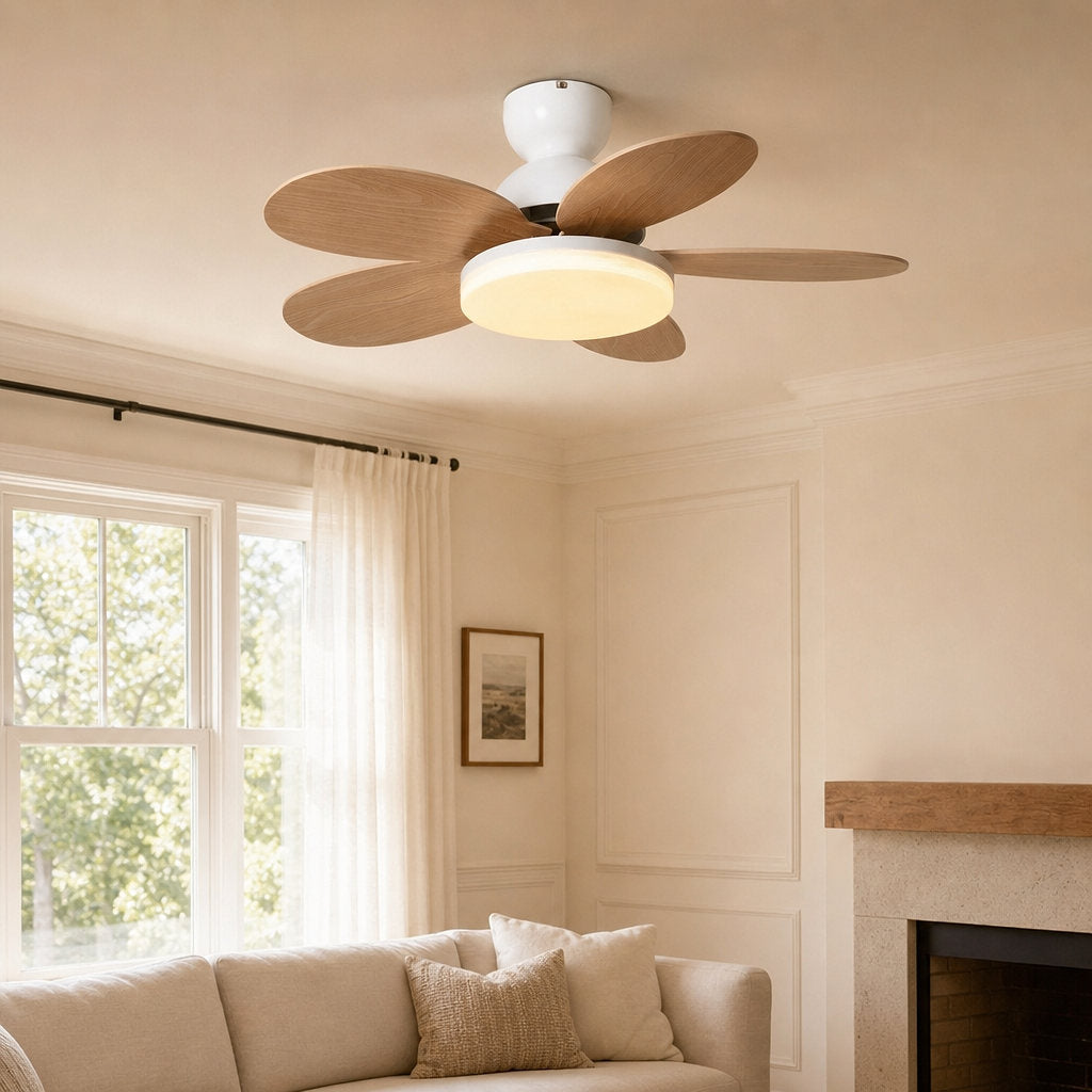 Petalo Ceiling Fan Light, 35.4-Inch x H 11.0-Inch, Green & Wood Grain, Warm Light for Living Room
