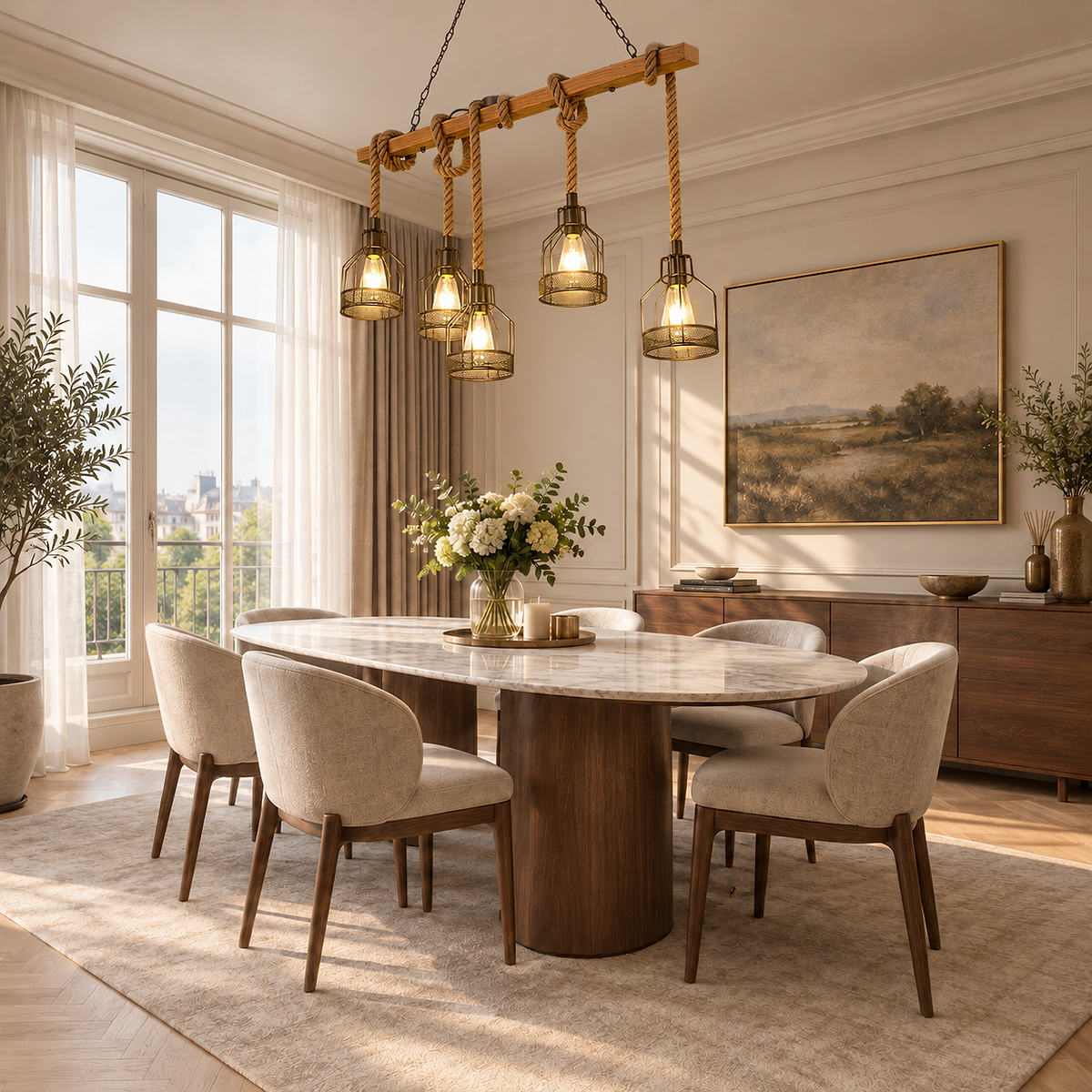 Horizontal Wood Beam Grenade Cage Chandelier