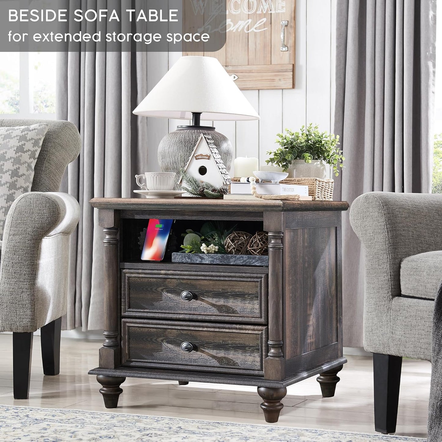 Farmhouse End Table with Charging Station & Solid Wood Feet
