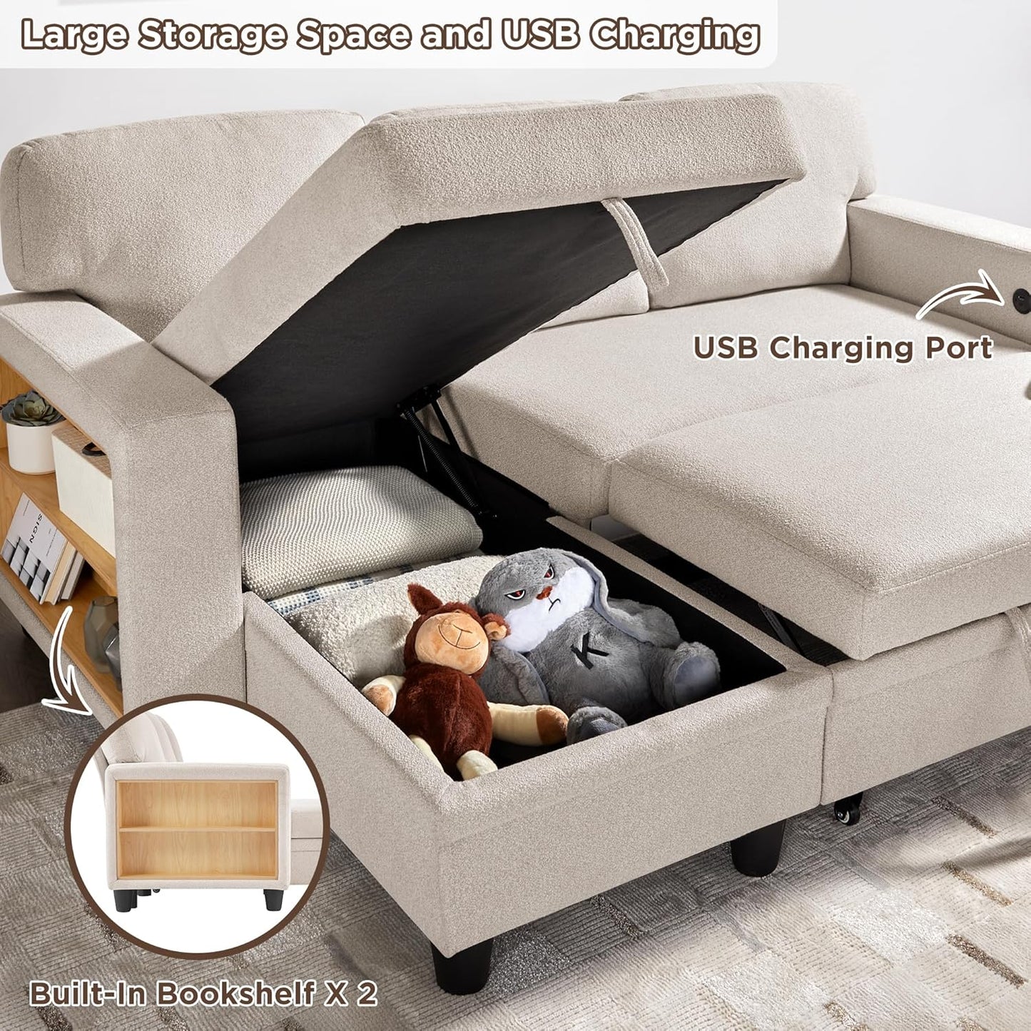 RedLemon Beige 80-Inch Sleeper Sofa Bed with Storage Chaise