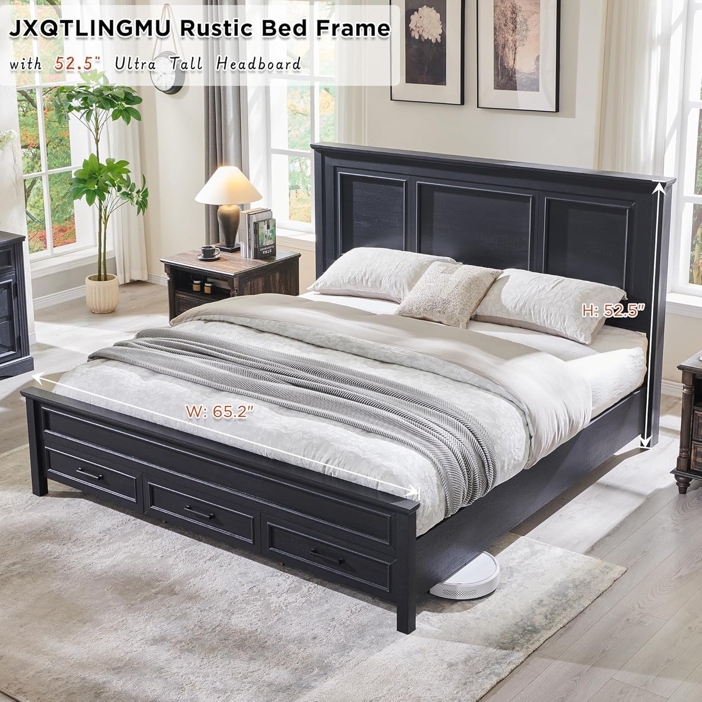 Farmhouse Queen Wooden Bed Frame with Storage, 52" Headboard