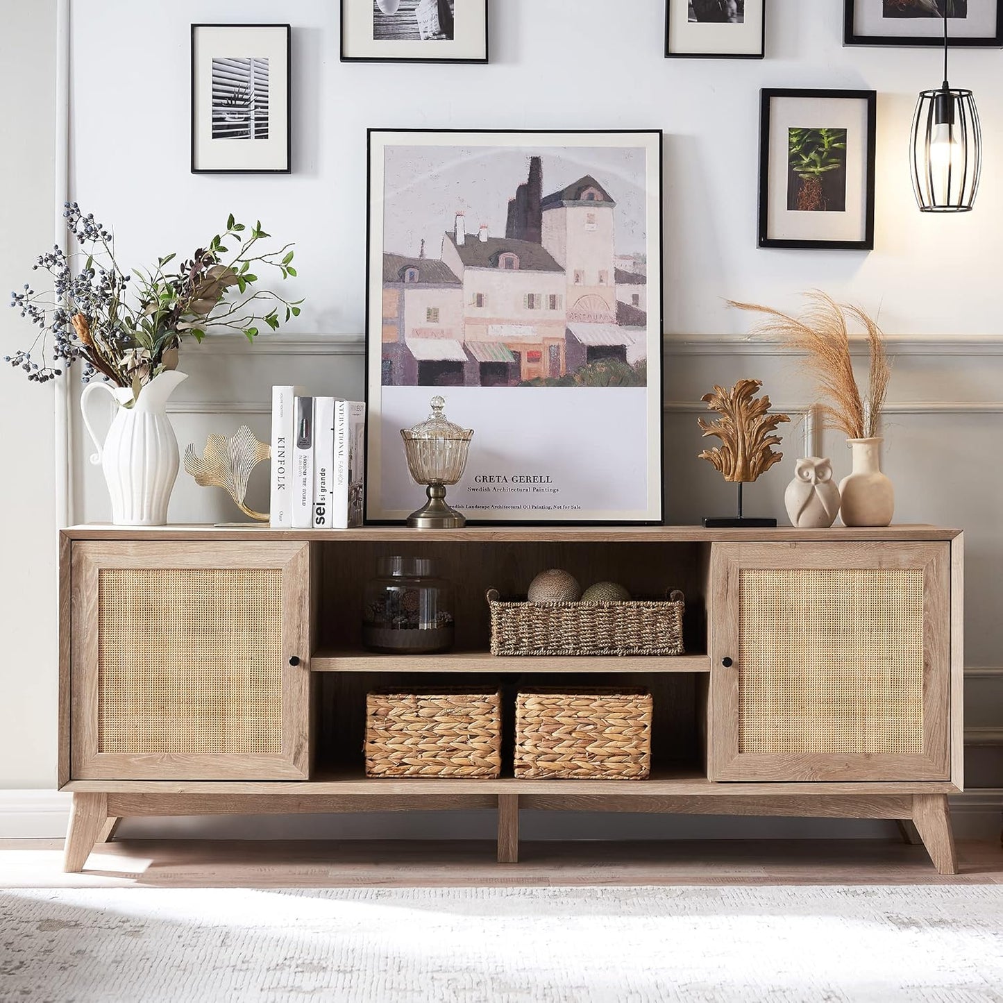OKD Mid Century Modern TV Stand with Rattan Door for 75+ Inch TV