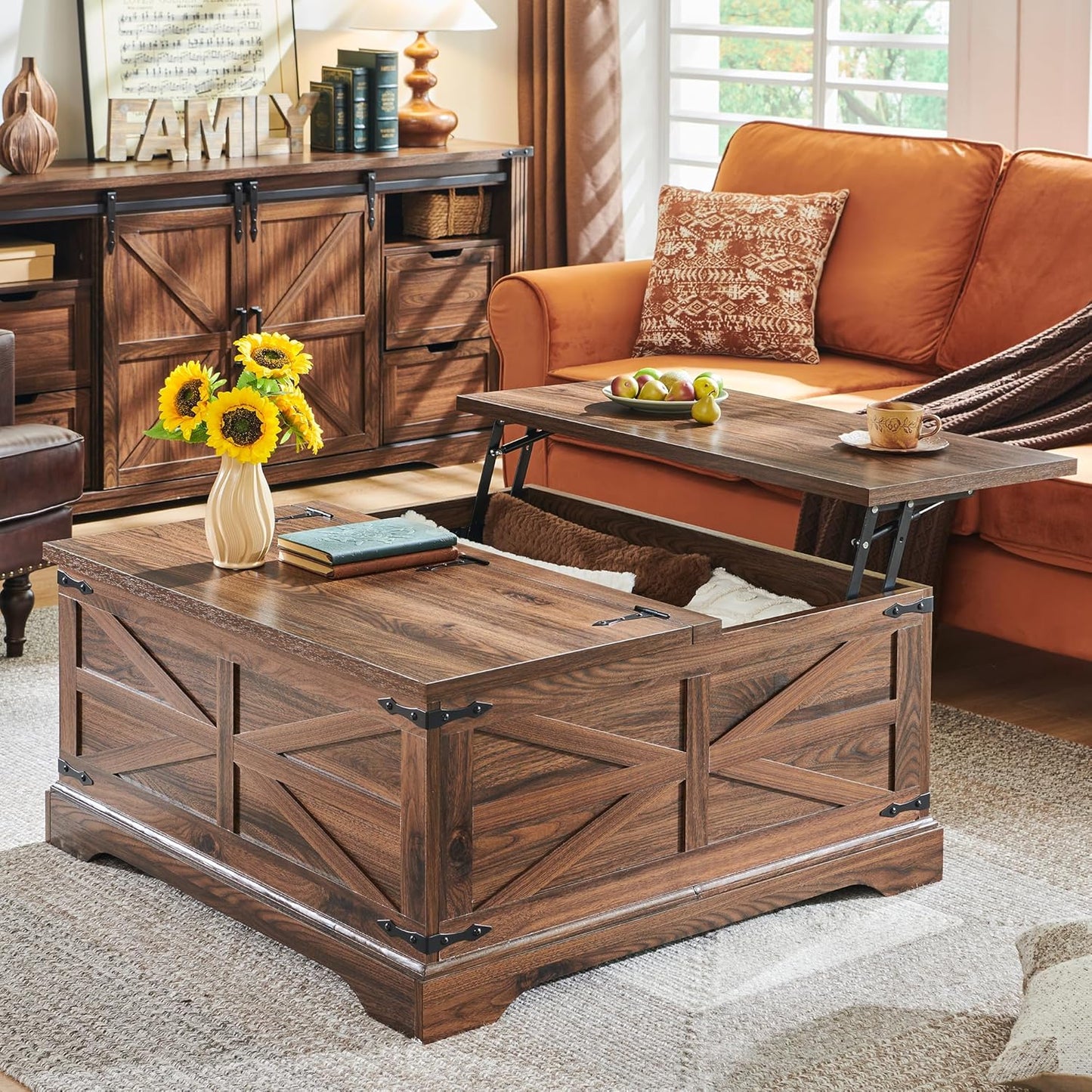 Farmhouse Lift Top Coffee Table with Storage Compartment Rustic Brown
