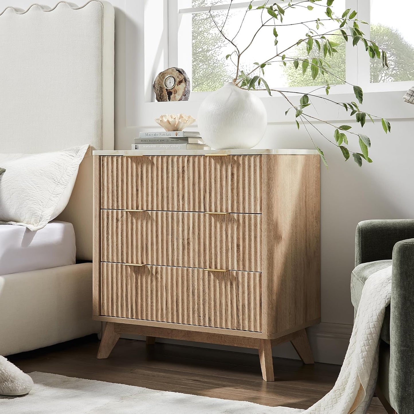 T4TREAM Fluted 3-Drawer Dresser: Modern Chest with Faux Marble Top