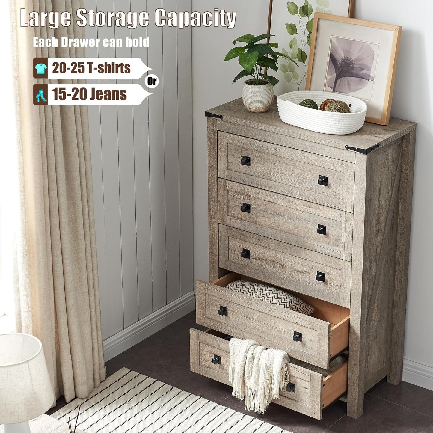 T4TREAM Farmhouse 5 Drawer Dresser - Rustic Wood Chest