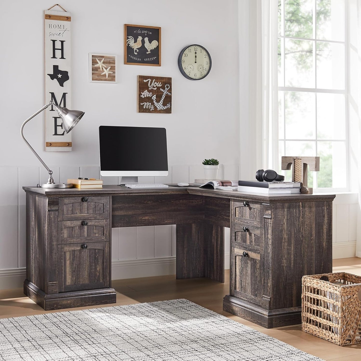Farmhouse Rustic 60" L-Shaped Executive Desk with Charging Station