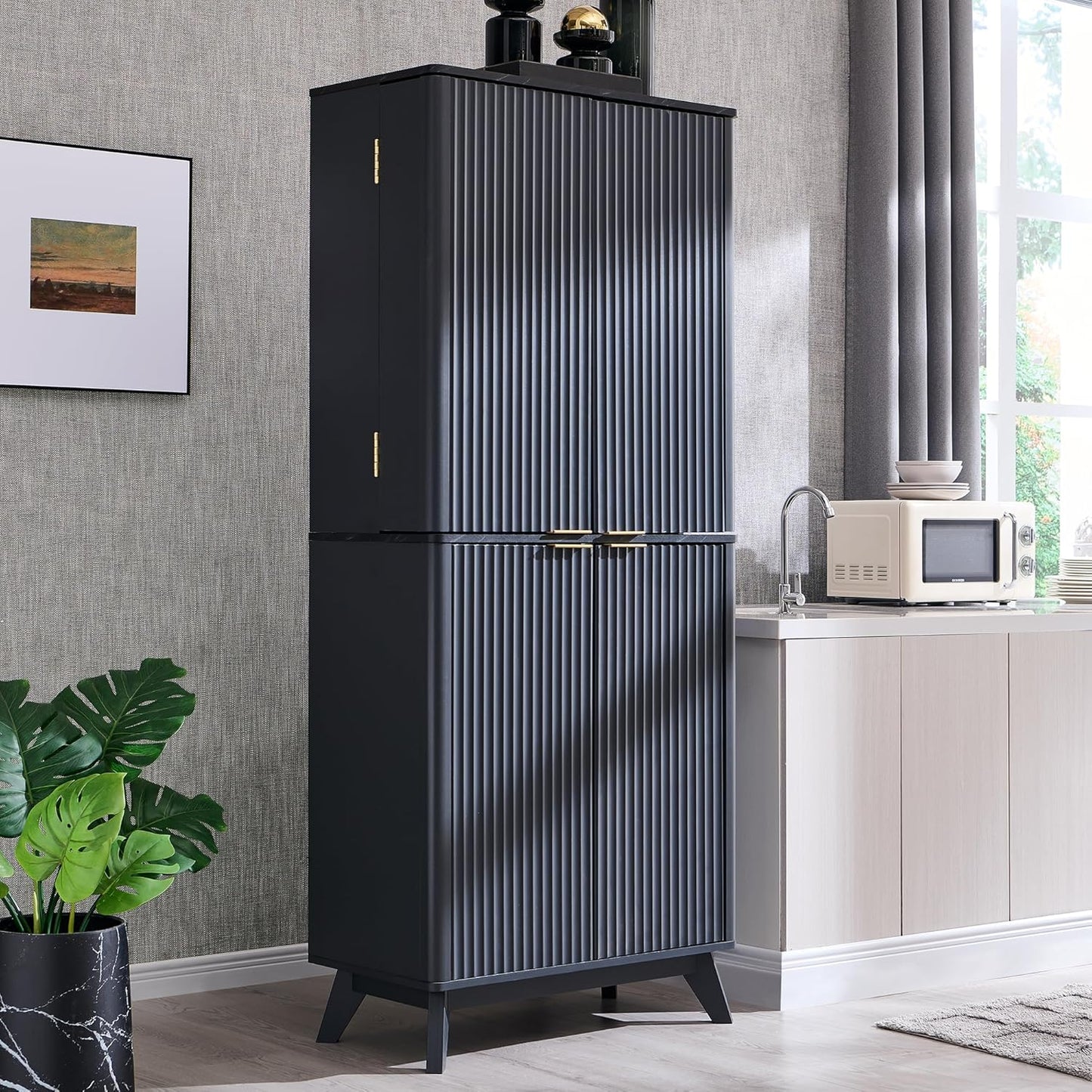 72" Mid-Century Modern Fluted Kitchen Pantry Cabinet, Dark Grey
