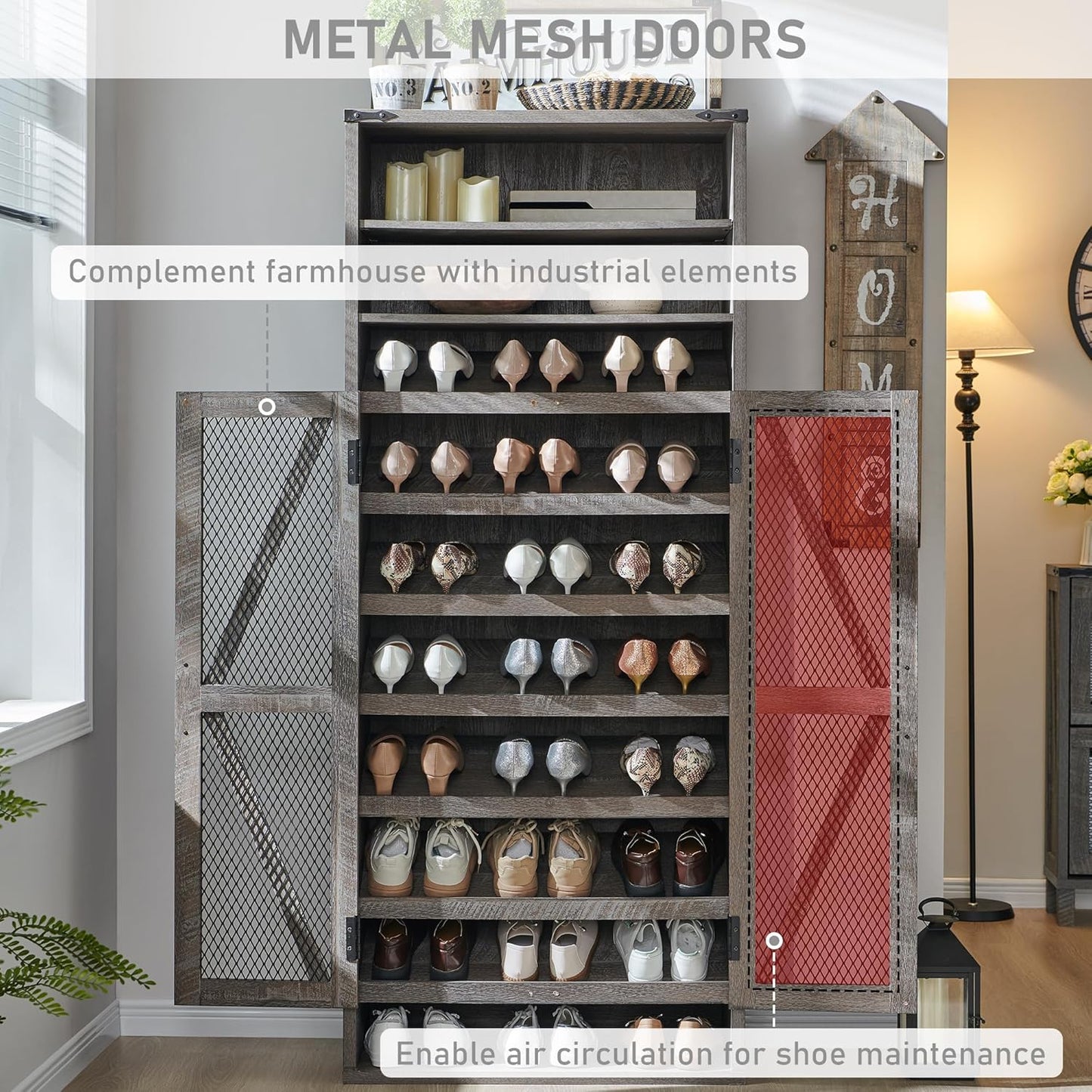 72" Tall Farmhouse Shoe Cabinet �C Mesh Door, Adjustable Shelves, Grey