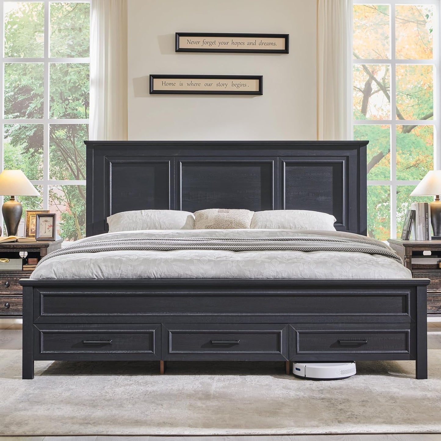 Farmhouse Queen Wooden Bed Frame with Storage, 52" Headboard
