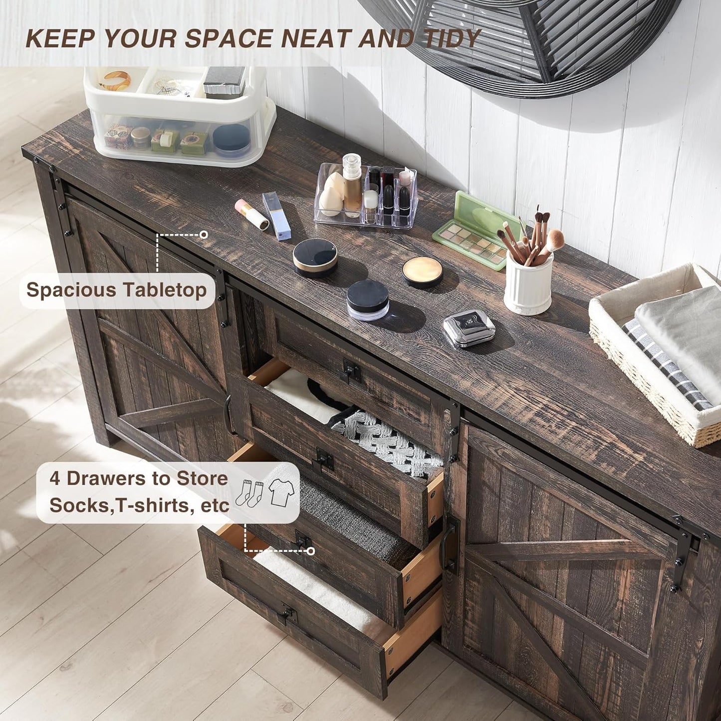T4TREAM 60'' Farmhouse Dresser with Barn Doors - Rustic Oak